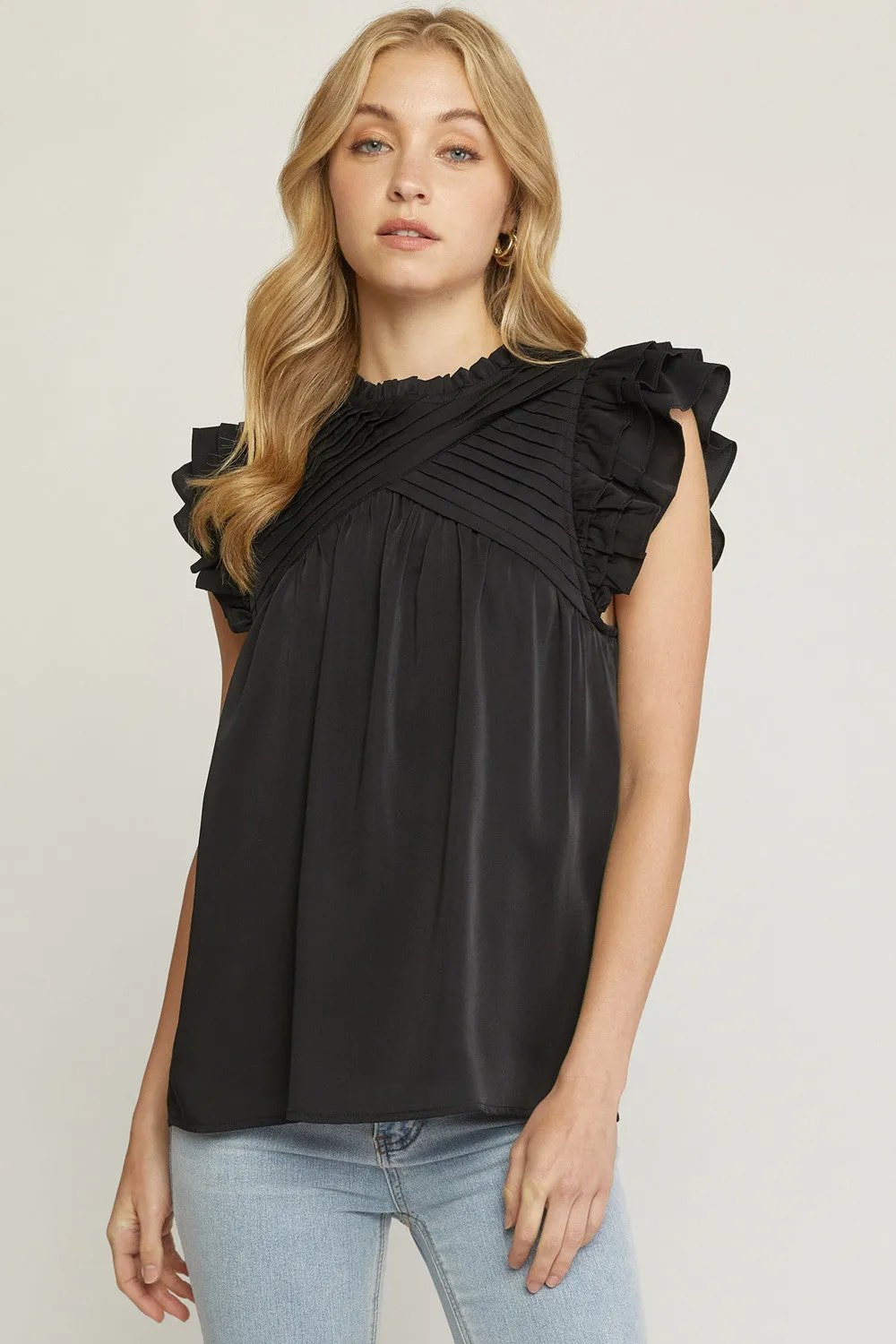 Pleated Ruffle Sleeve Top, Black