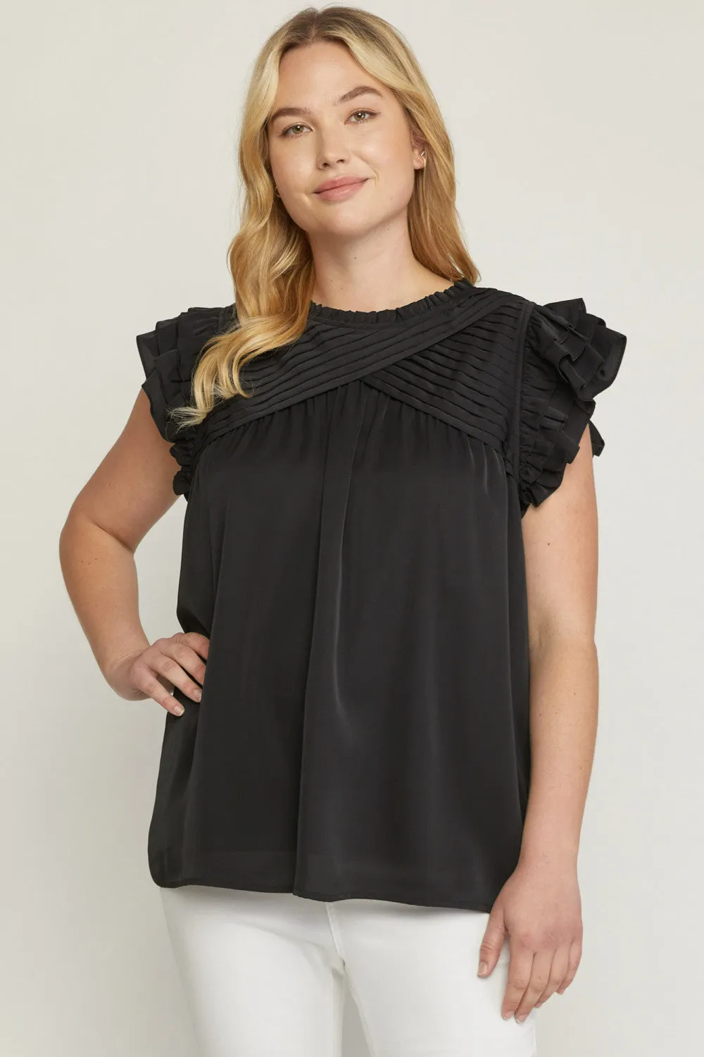 Pleated Ruffle Sleeve Top, Black