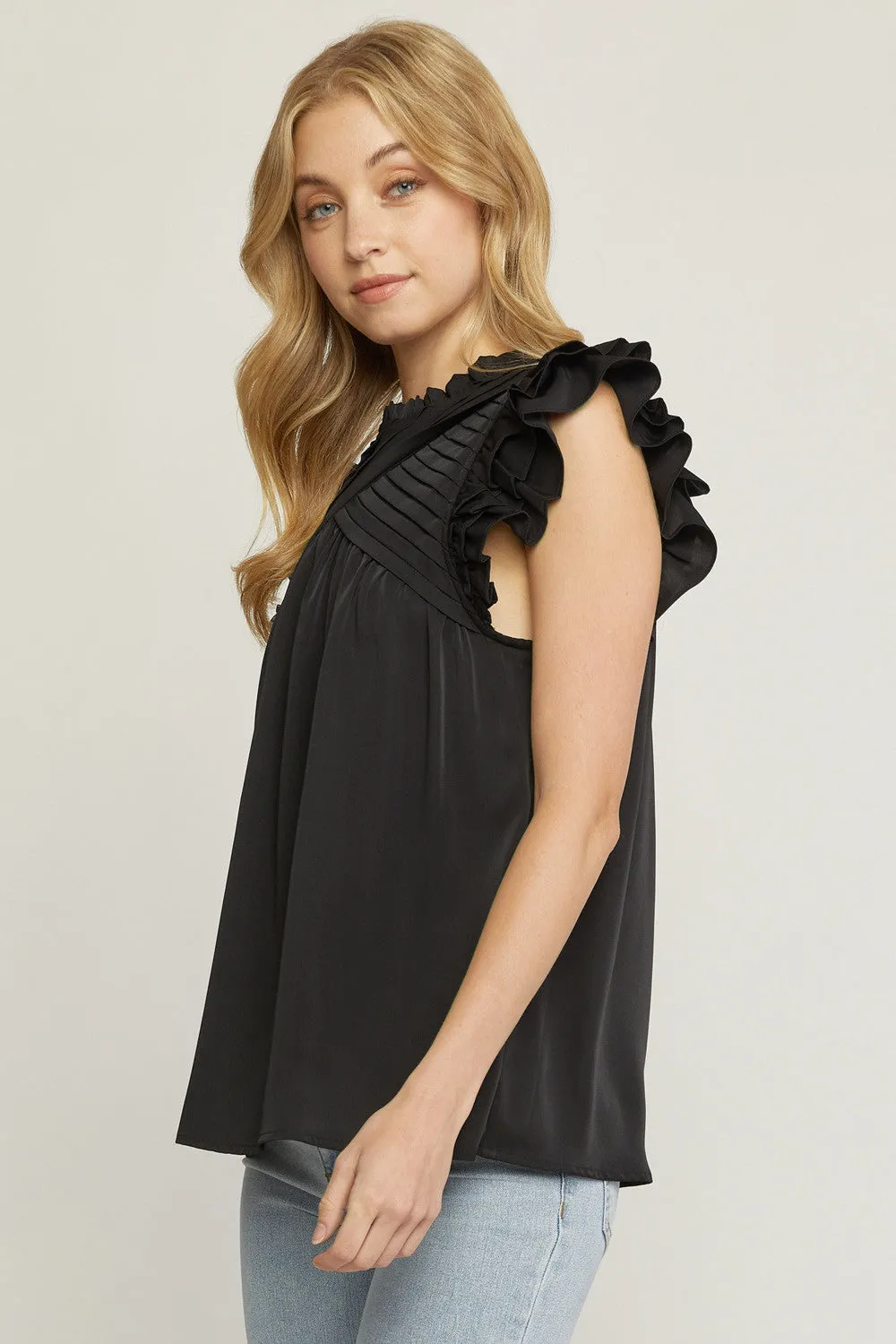 Pleated Ruffle Sleeve Top, Black