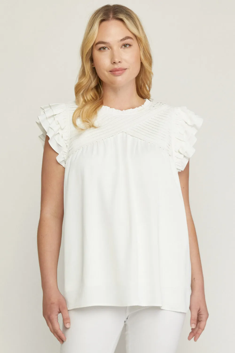 Pleated Ruffle Sleeve Top, White