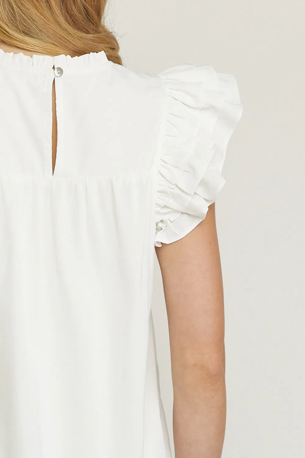 Pleated Ruffle Sleeve Top, White