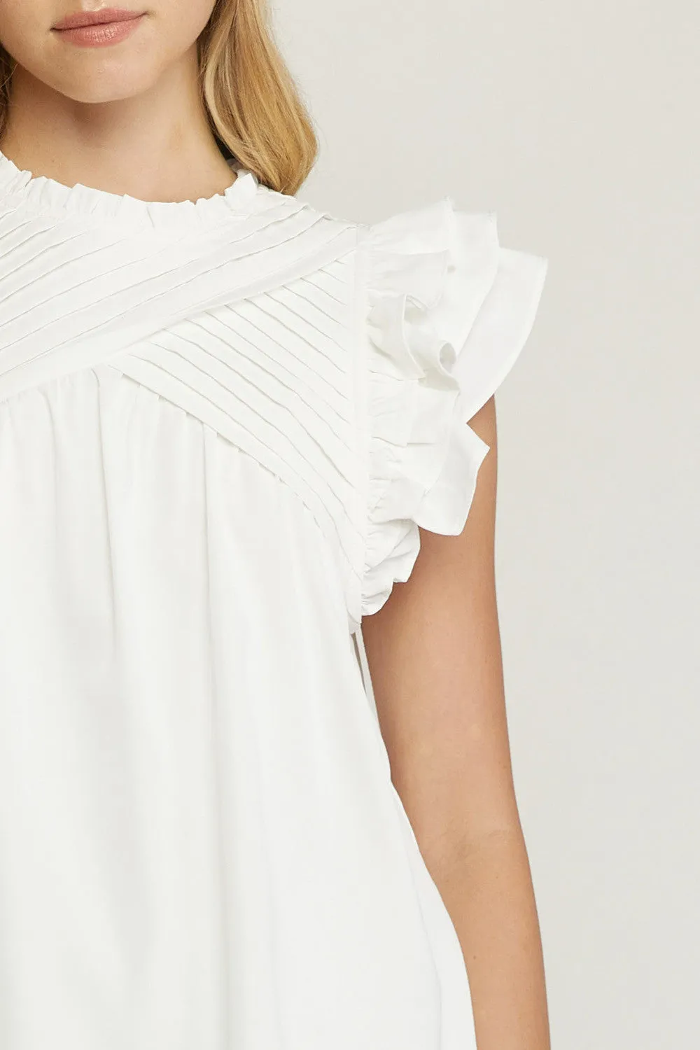 Pleated Ruffle Sleeve Top, White