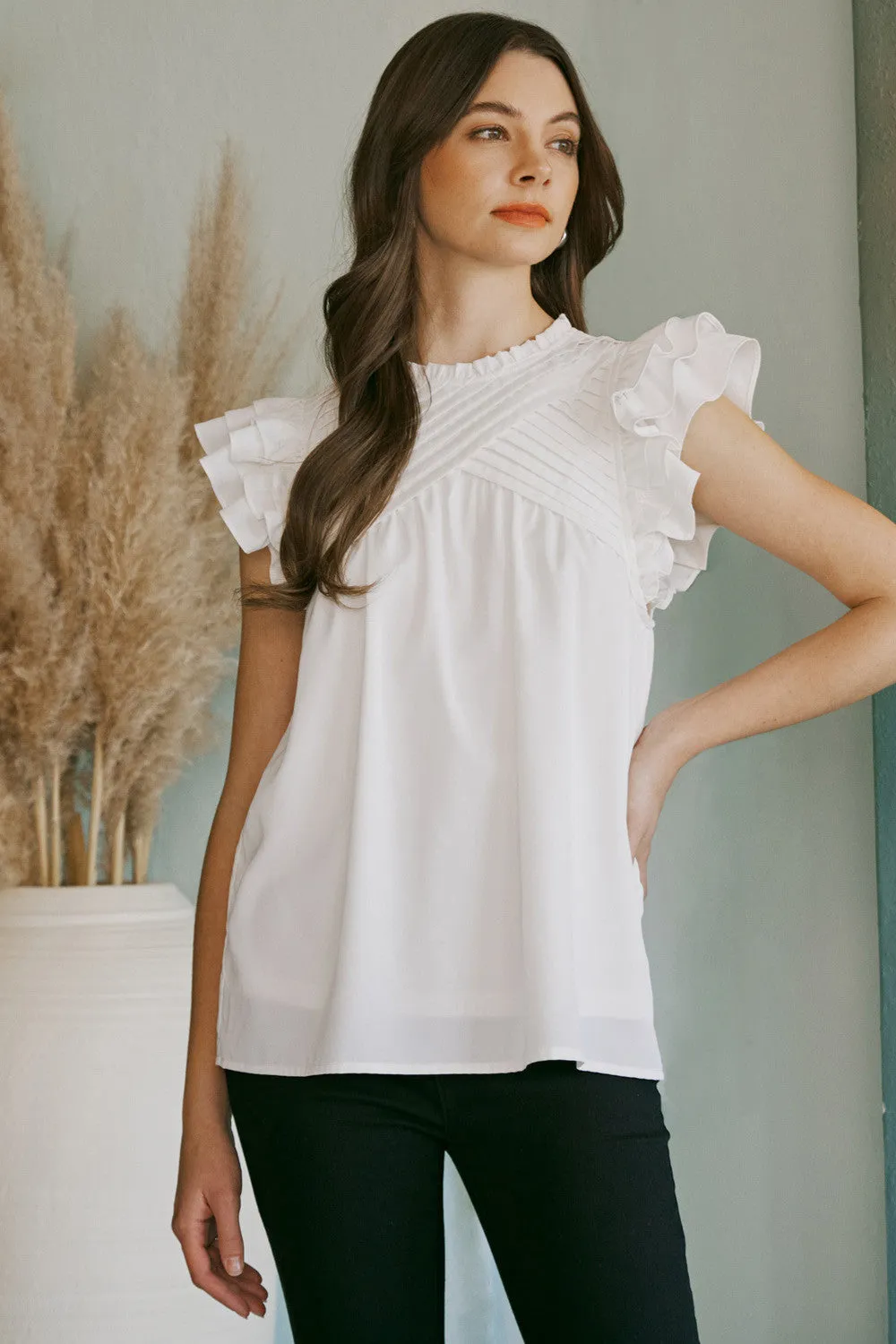 Pleated Ruffle Sleeve Top, White