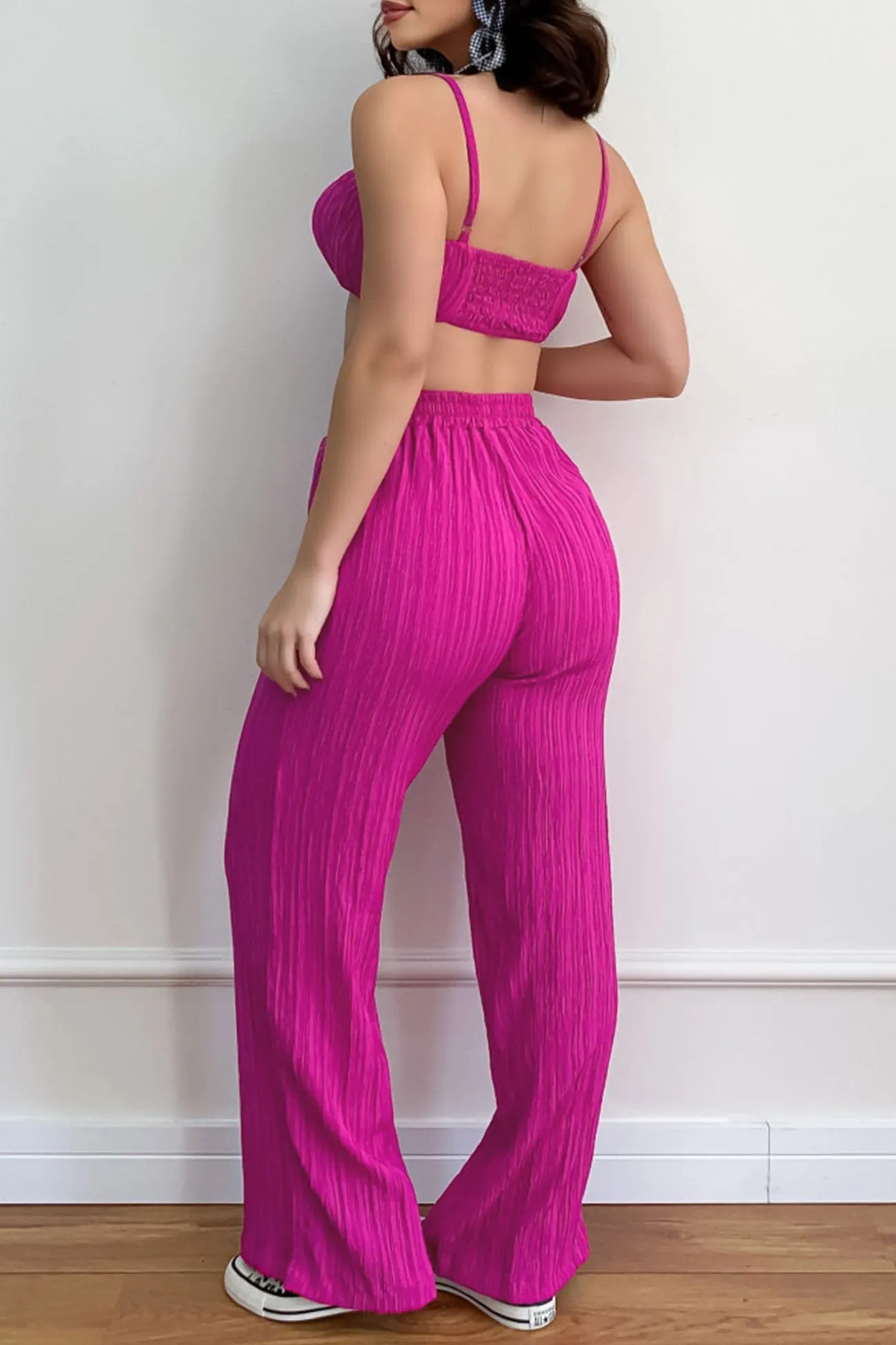 Pleated Smocked Vest Drawstring Long Pants Suits