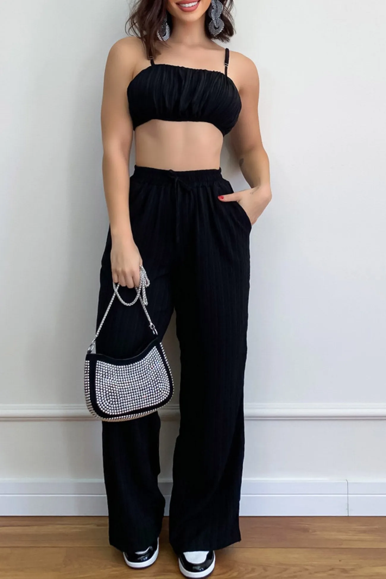 Pleated Smocked Vest Drawstring Long Pants Suits