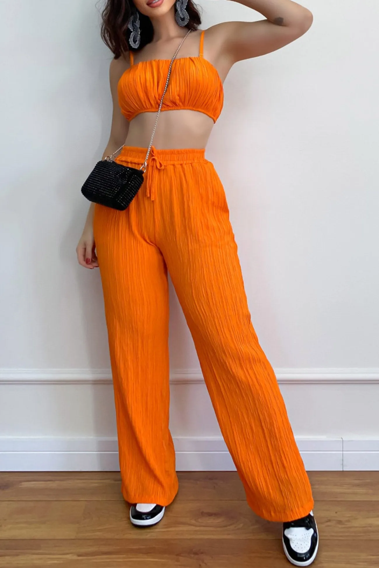 Pleated Smocked Vest Drawstring Long Pants Suits