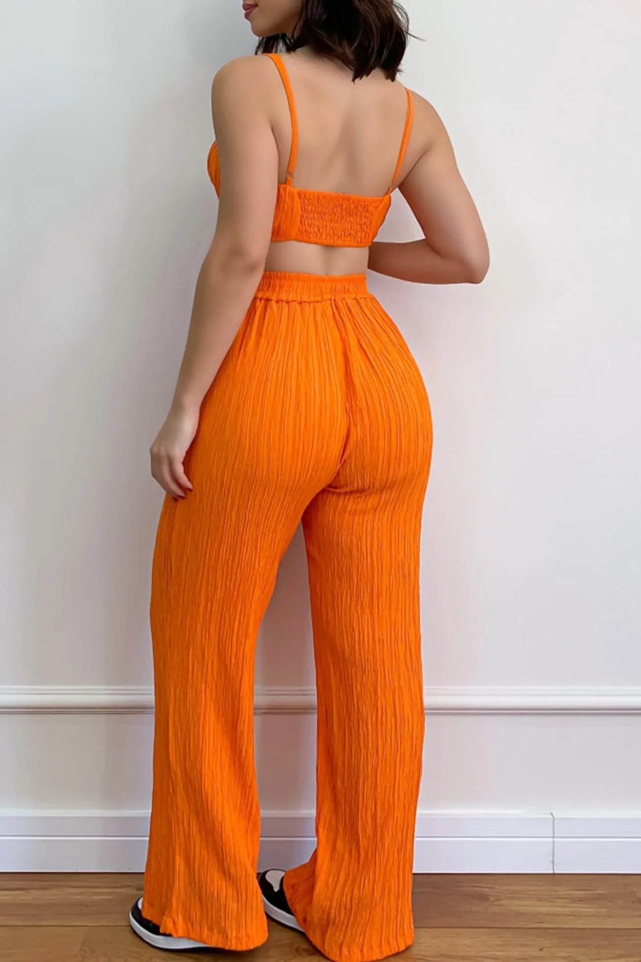 Pleated Smocked Vest Drawstring Long Pants Suits