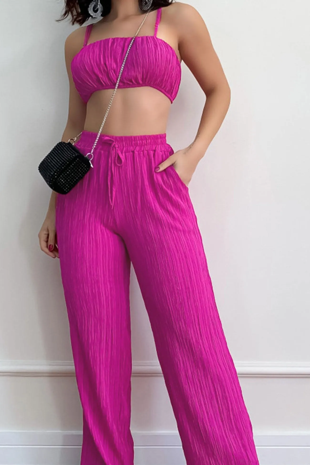 Pleated Smocked Vest Drawstring Long Pants Suits