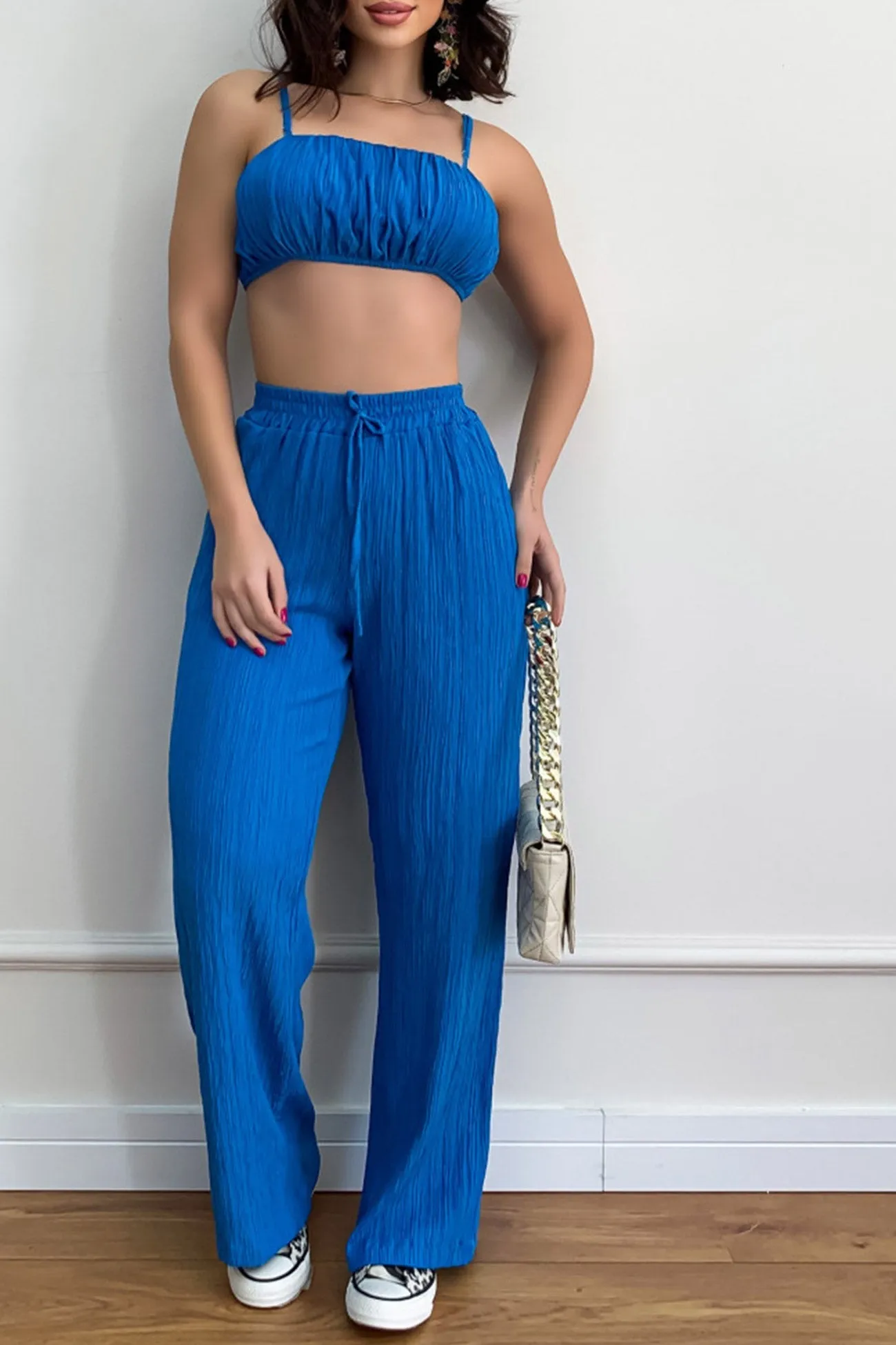 Pleated Smocked Vest Drawstring Long Pants Suits