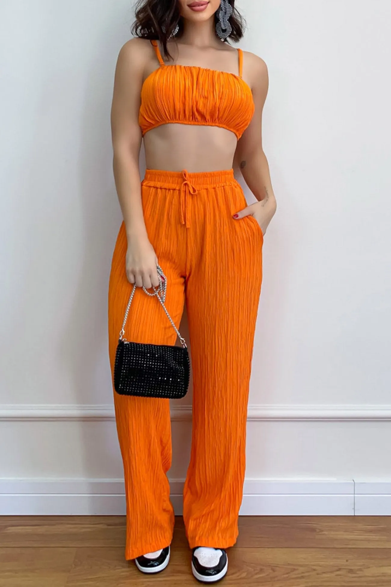 Pleated Smocked Vest Drawstring Long Pants Suits