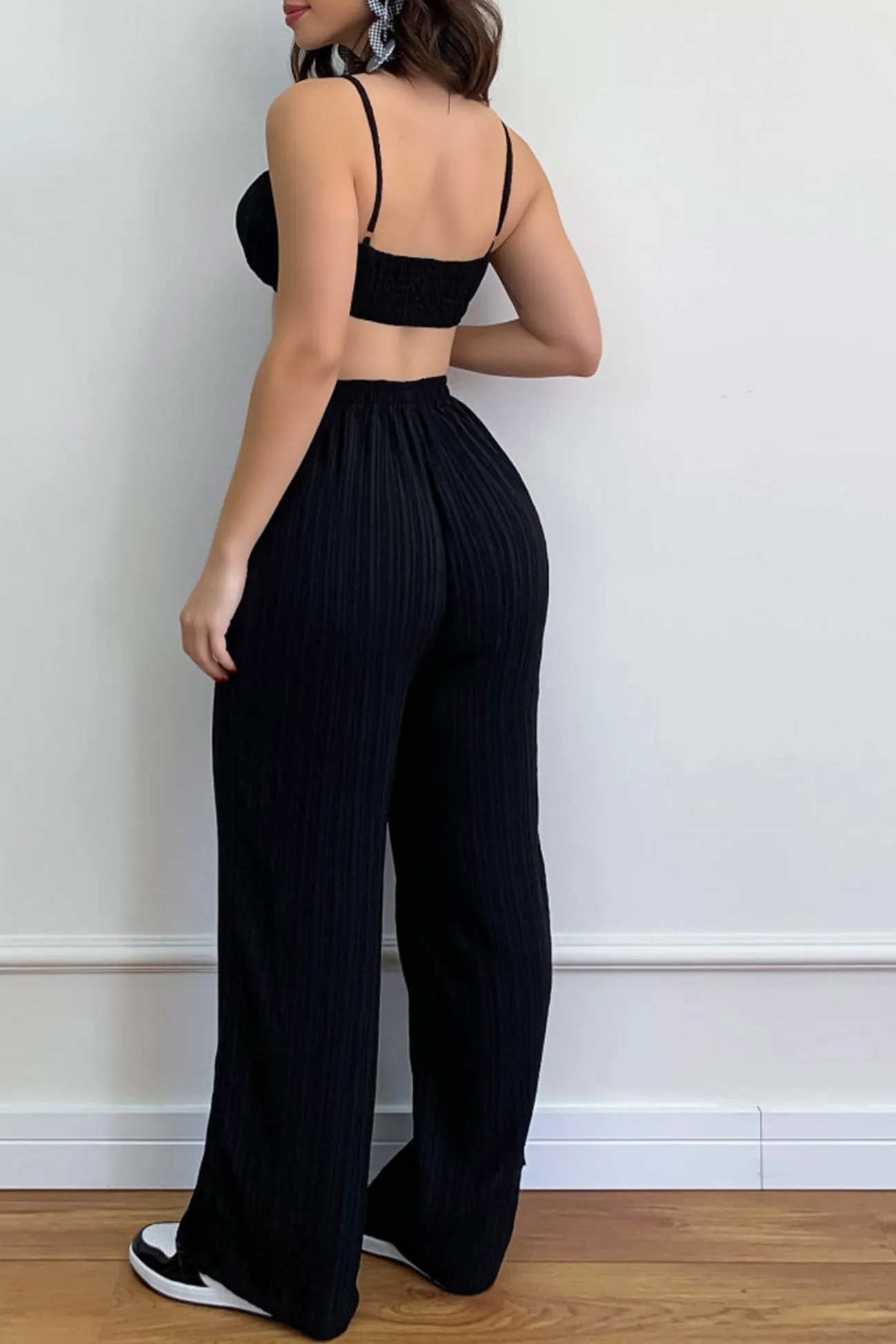 Pleated Smocked Vest Drawstring Long Pants Suits