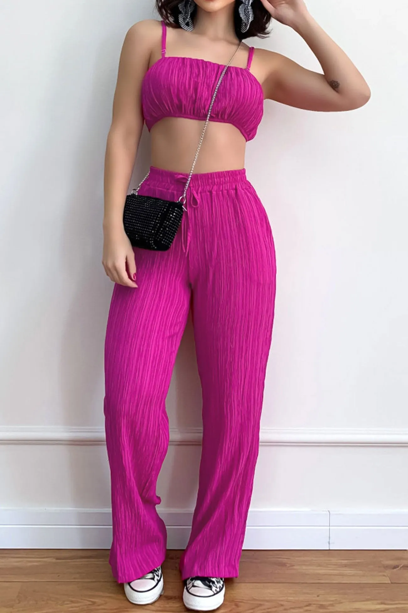 Pleated Smocked Vest Drawstring Long Pants Suits