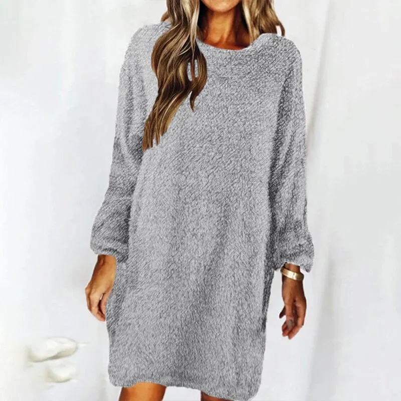 Pocket Crew Neck Casual Warm Long Sleeve T-Shirt Dress