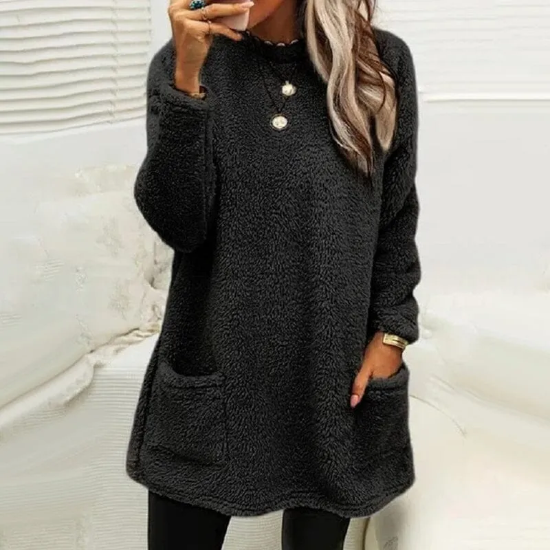 Pocket Crew Neck Casual Warm Long Sleeve T-Shirt Dress