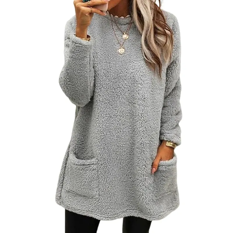 Pocket Crew Neck Casual Warm Long Sleeve T-Shirt Dress