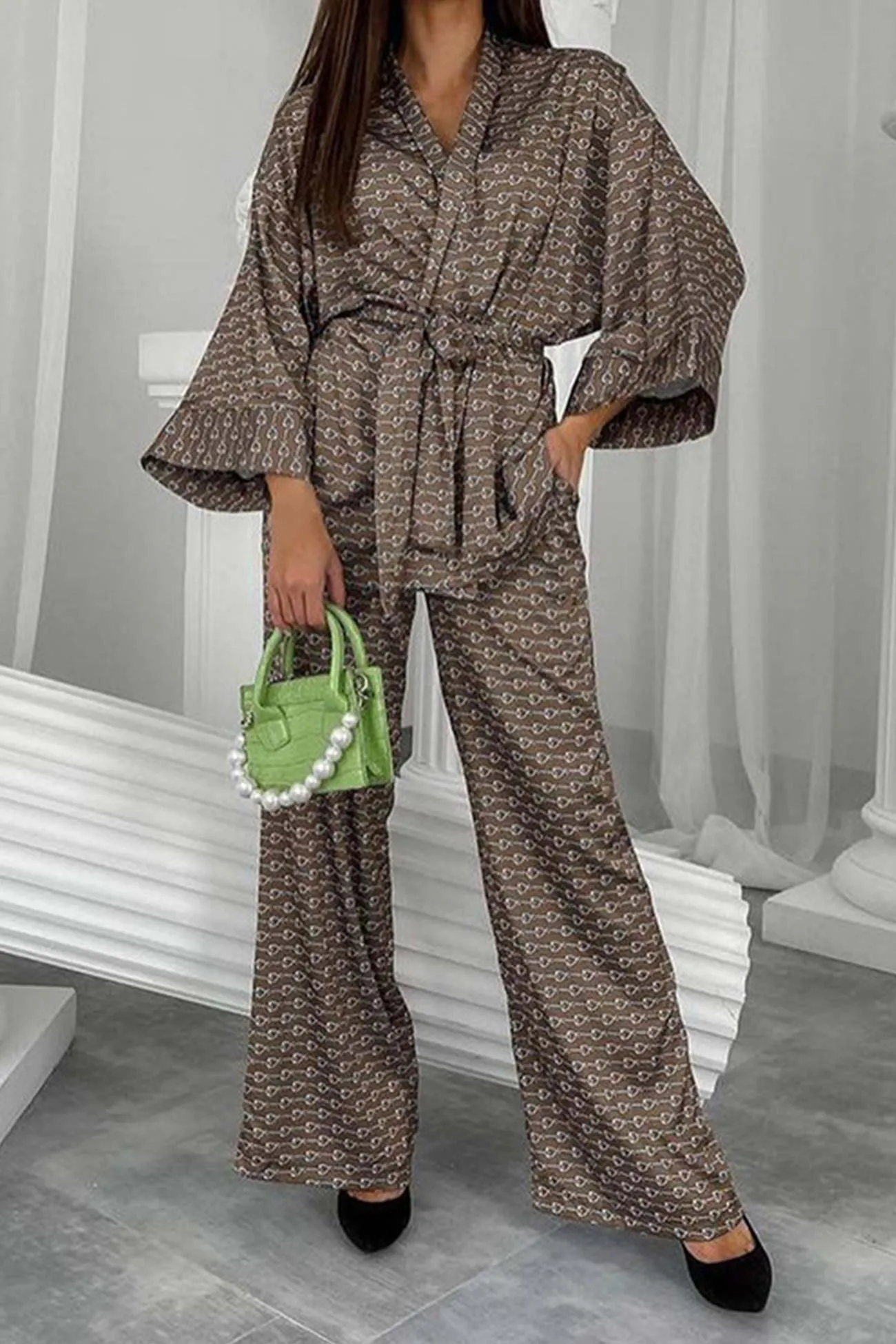 Printed Tie-waist Cardigan Long Pants Suits