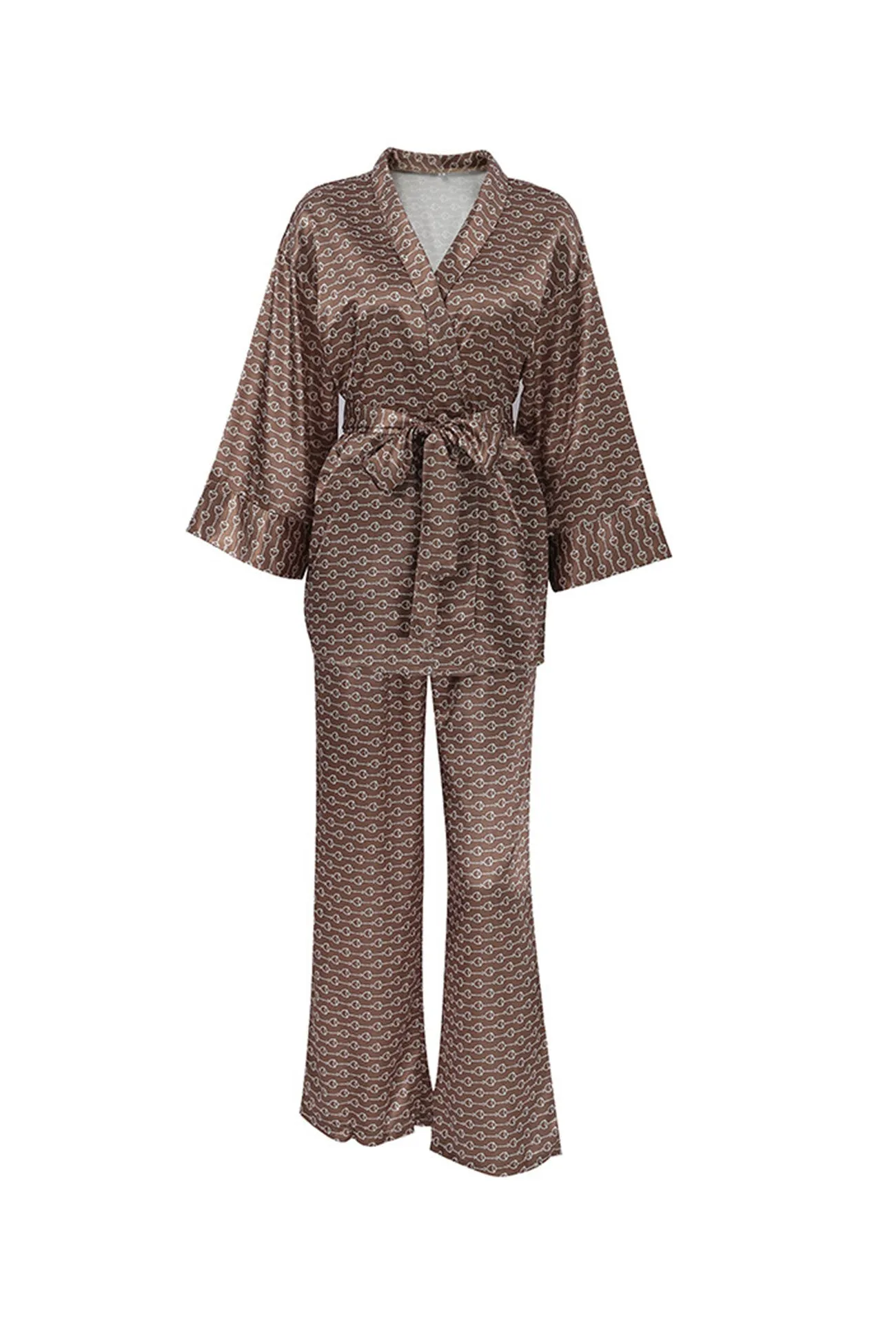 Printed Tie-waist Cardigan Long Pants Suits