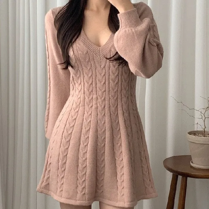 Purpdrank long sweater dress outfit Chic Autumn and Winter Vintage Linen Pattern V-neck Tight Waist Slimming Small A- line Knitted Sweater Dress Women