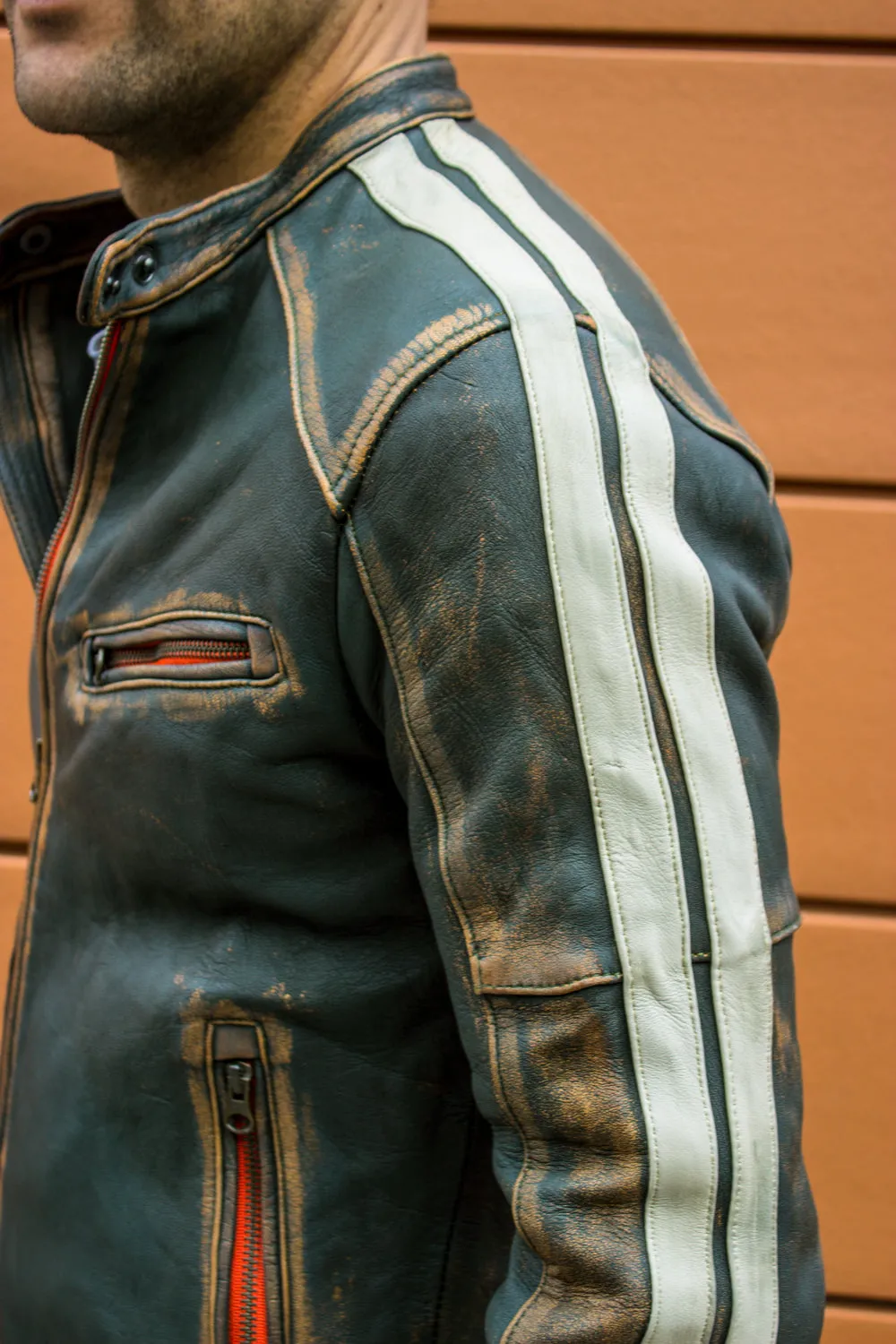 R80 HERITAGE Leather Jacket - Washed & Distressed Military Green w/ Stripes