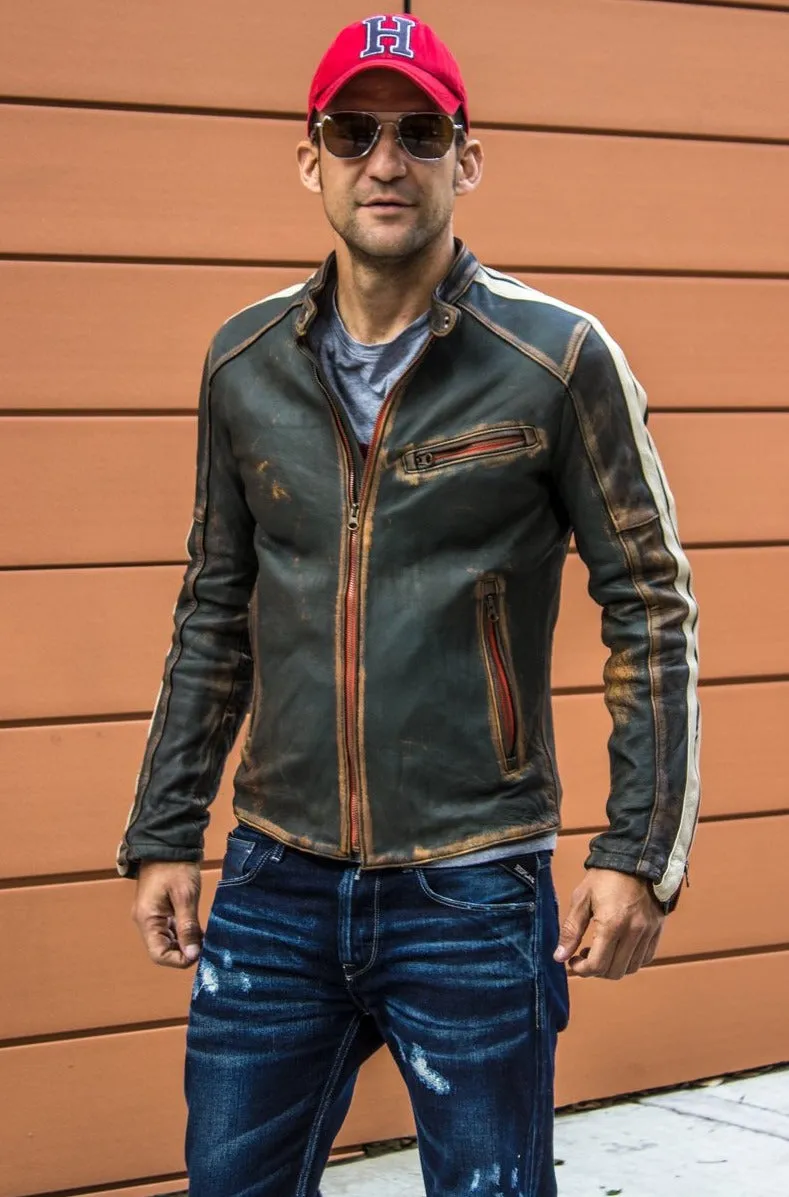 R80 HERITAGE Leather Jacket - Washed & Distressed Military Green w/ Stripes