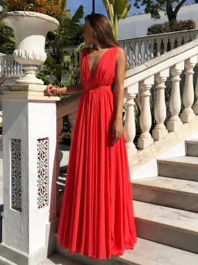 Red A Line V Neck Floor Length Pleated Chiffon Long Prom, V Neck Red Formal, Evening