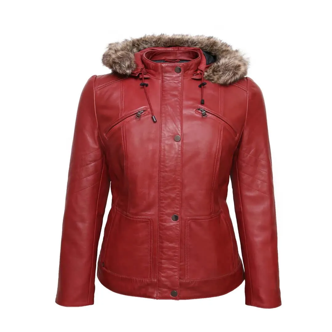 Red Leather Hooded Coat