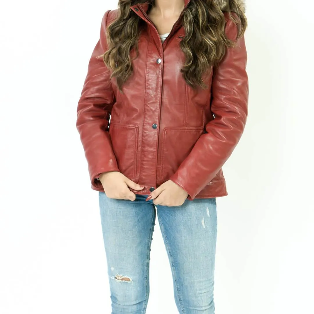 Red Leather Hooded Coat