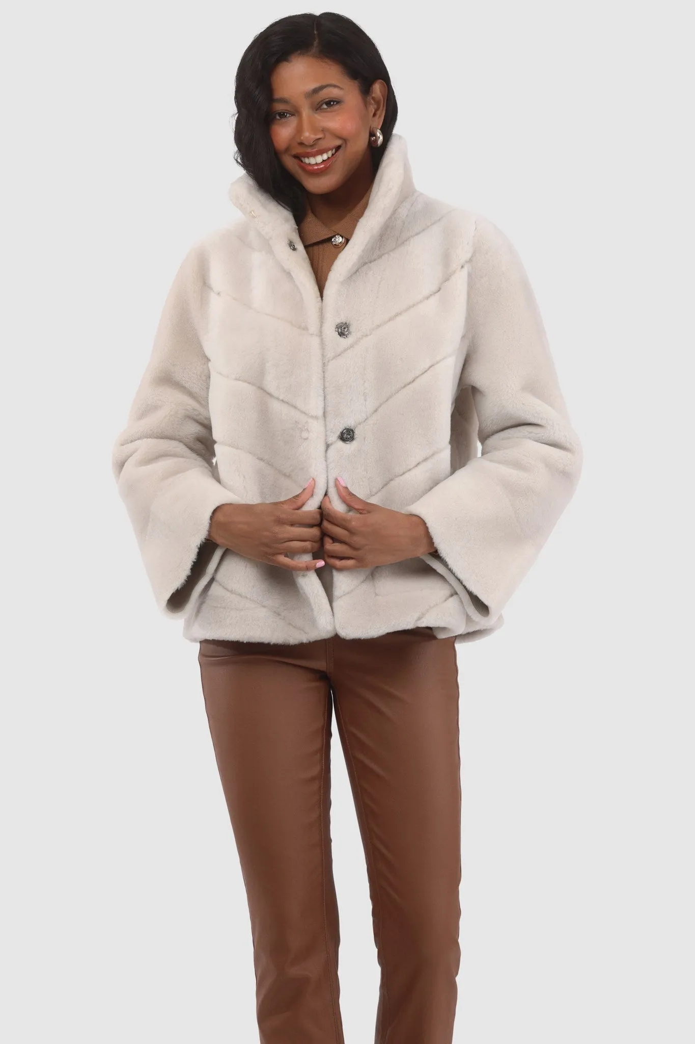 Reversible Merino Shearling Lamb Chevron Jacket with Horizontal Bottom