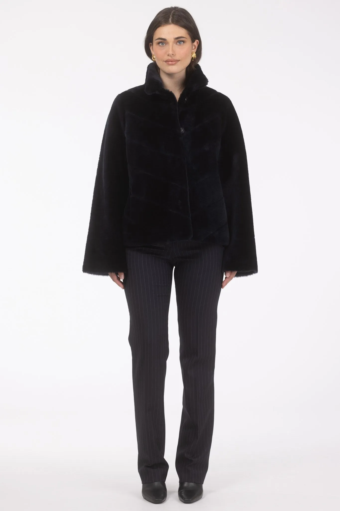 Reversible Merino Shearling Lamb Chevron Jacket with Horizontal Bottom