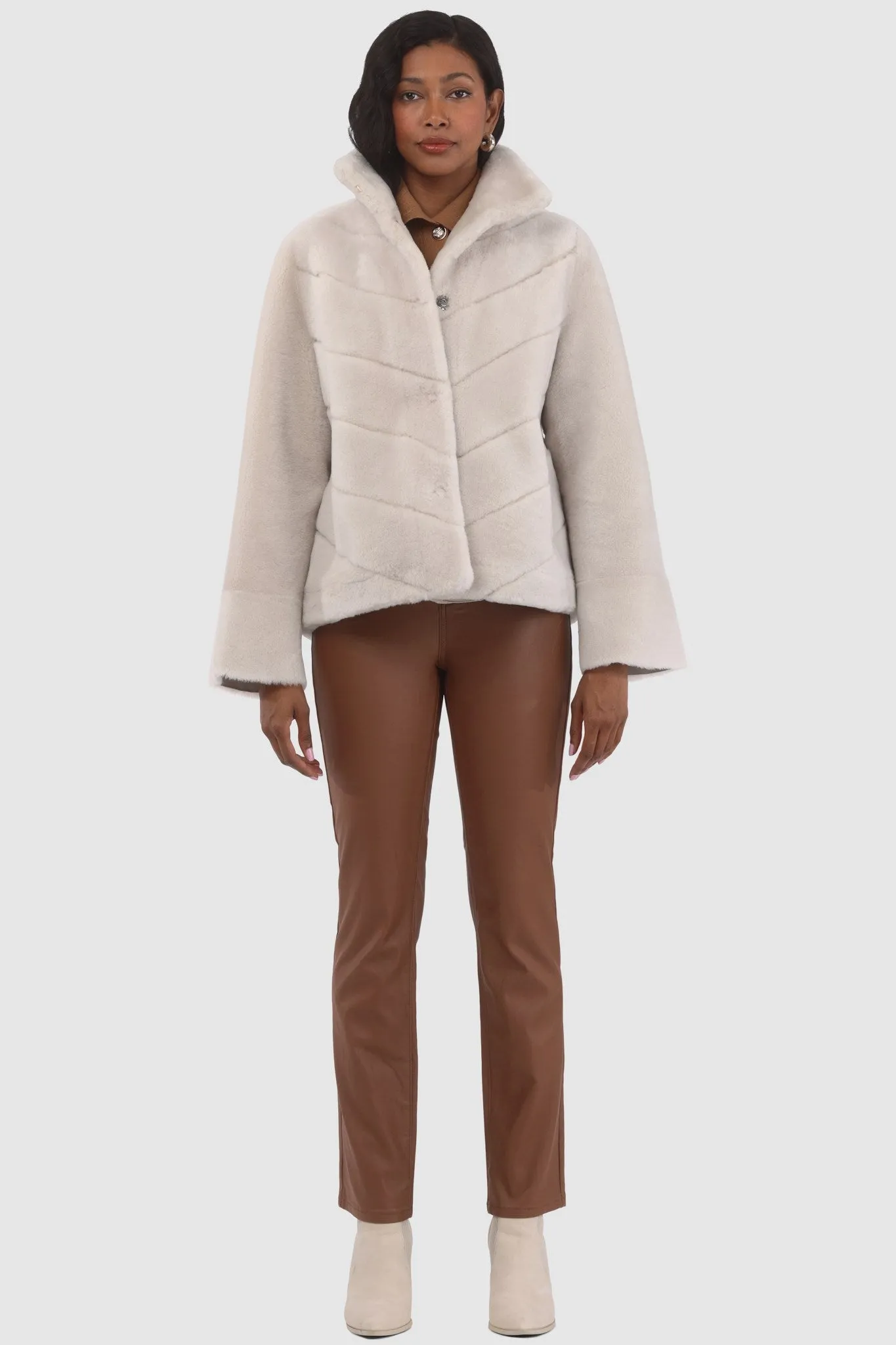 Reversible Merino Shearling Lamb Chevron Jacket with Horizontal Bottom