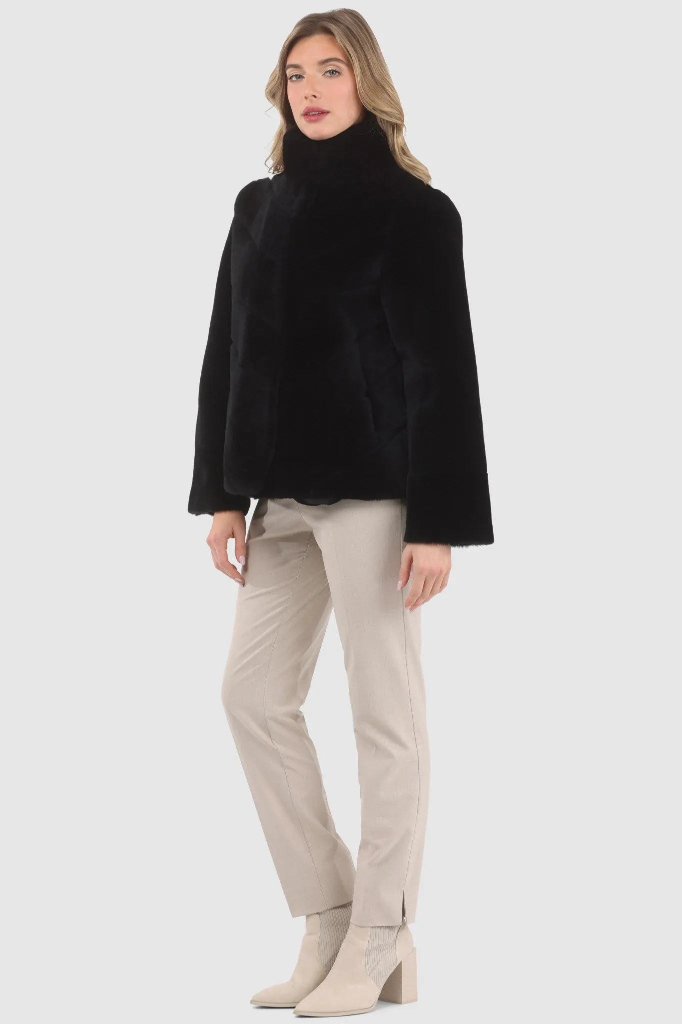 Reversible Merino Shearling Lamb Chevron Jacket with Horizontal Bottom