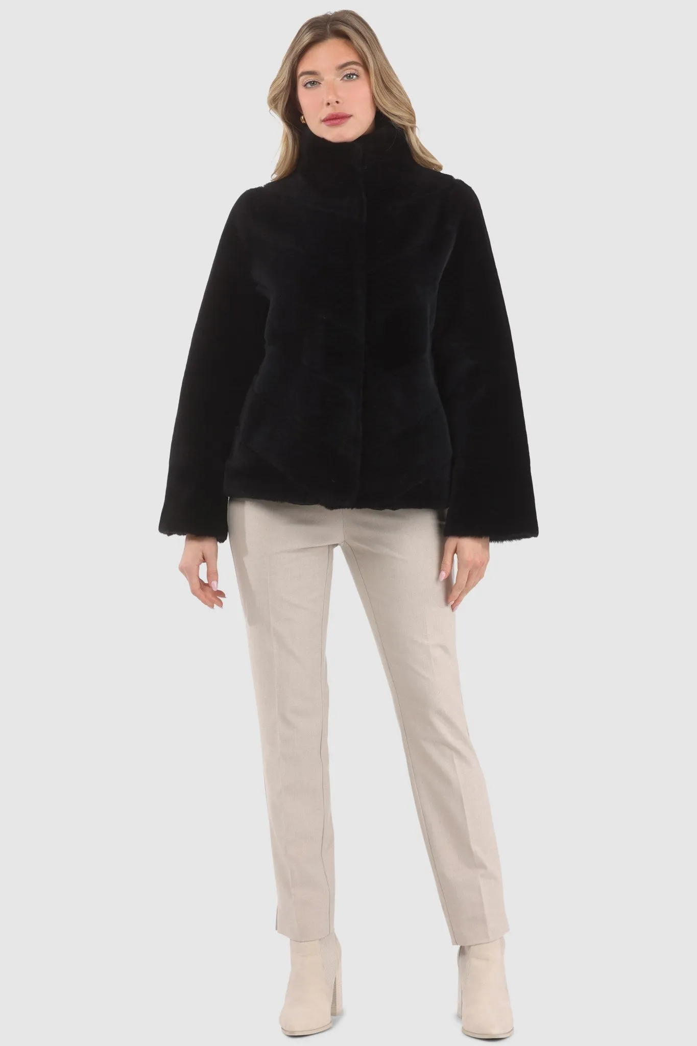 Reversible Merino Shearling Lamb Chevron Jacket with Horizontal Bottom