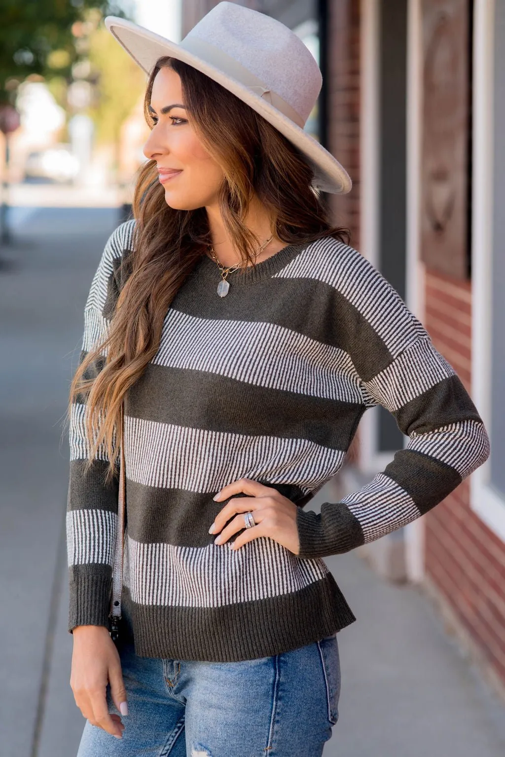 Rib Trimmed Stitched Line Sweater