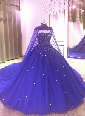 Royal Blue Beaded Sparkle Tulle Ball Gown Formal Dress, Blue Wedding Party Dress