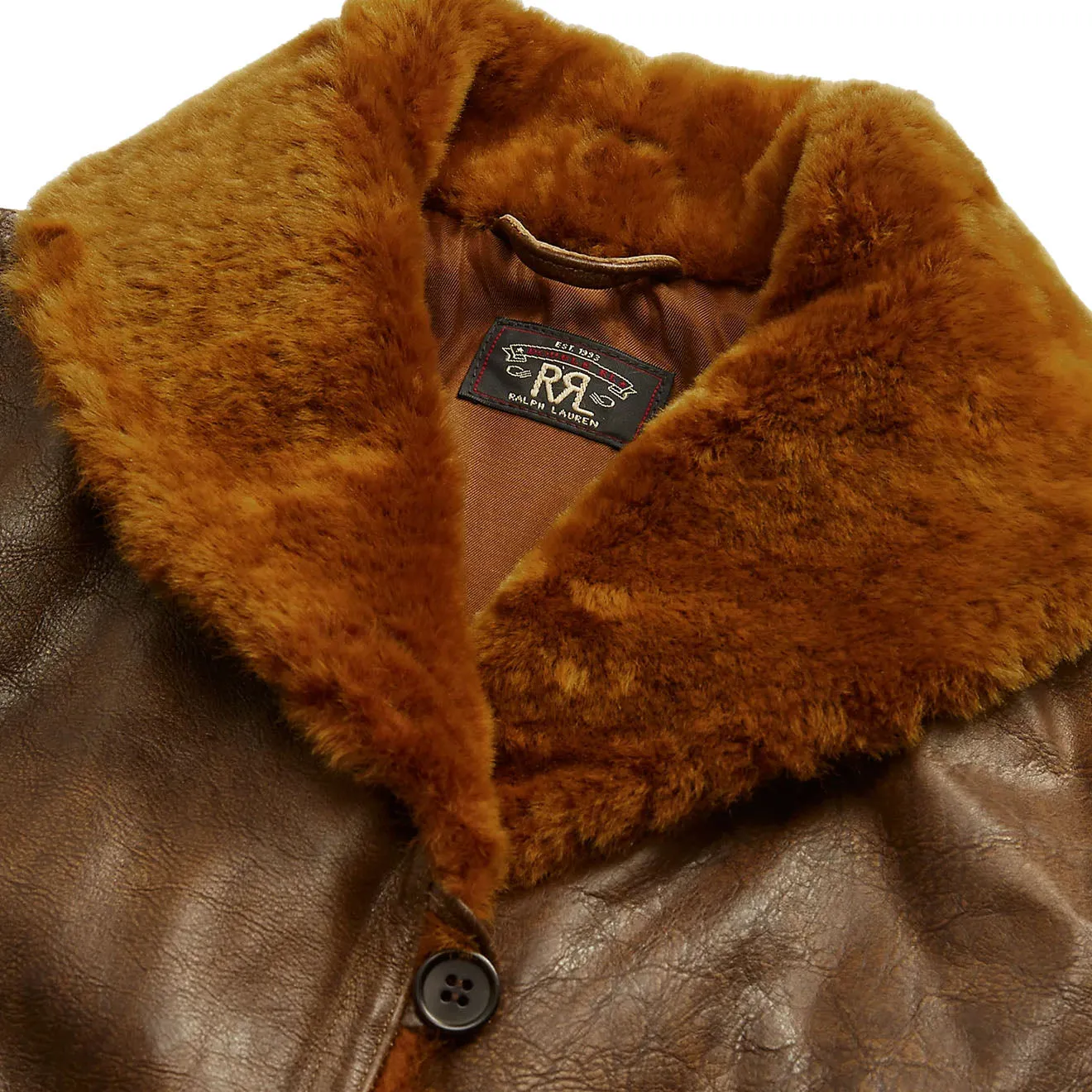 RRL by Ralph Lauren Womens Shearling-Collar Leather Jacket Caramel Brown