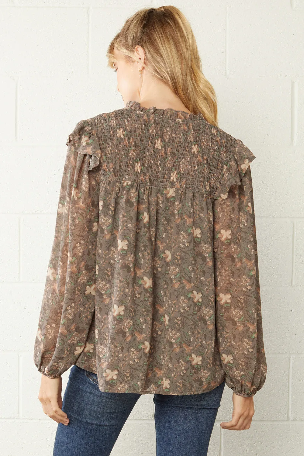 Ruffle & Floral Blouse, Charcoal