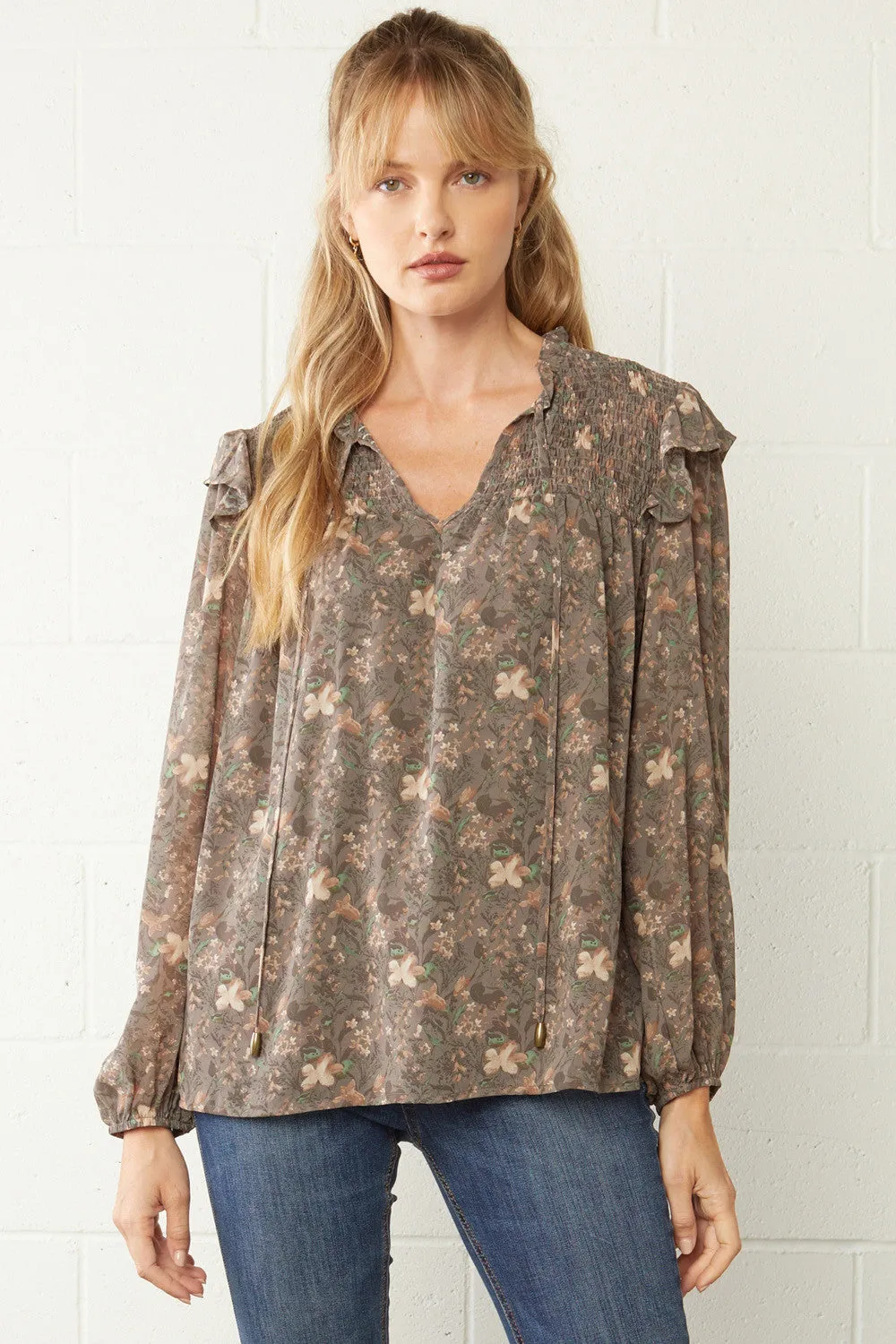 Ruffle & Floral Blouse, Charcoal