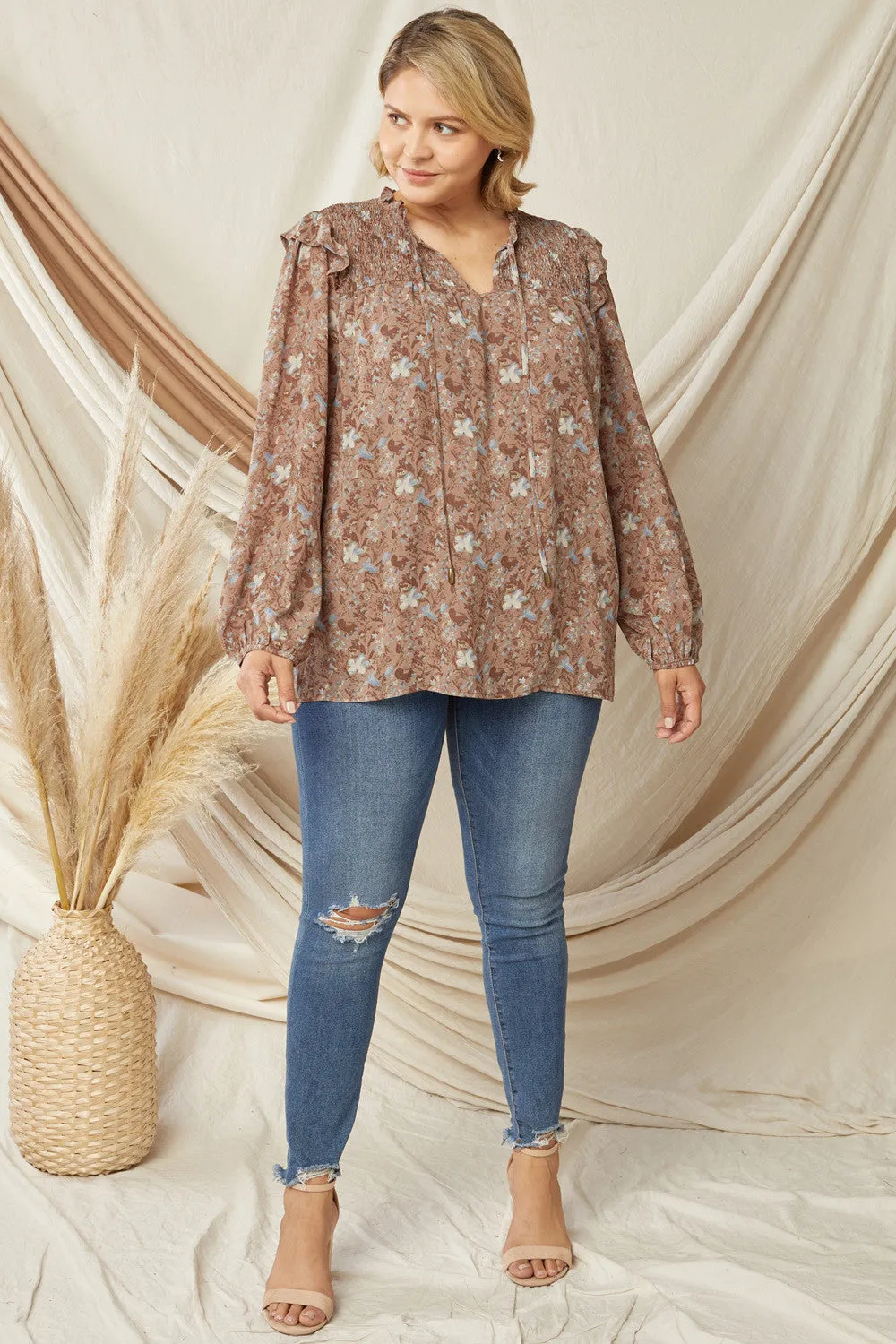 Ruffle & Floral Blouse, Mocha