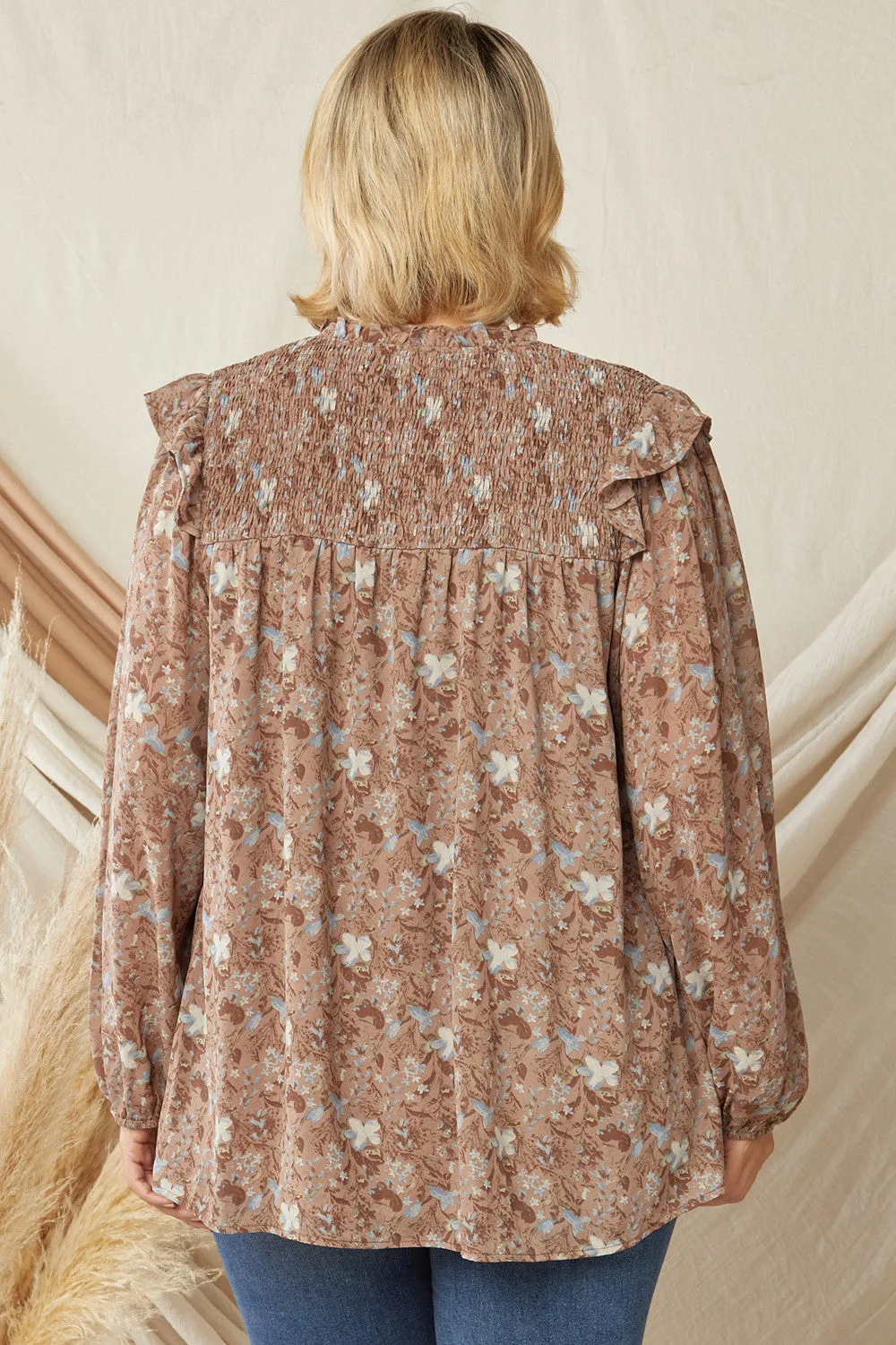 Ruffle & Floral Blouse, Mocha