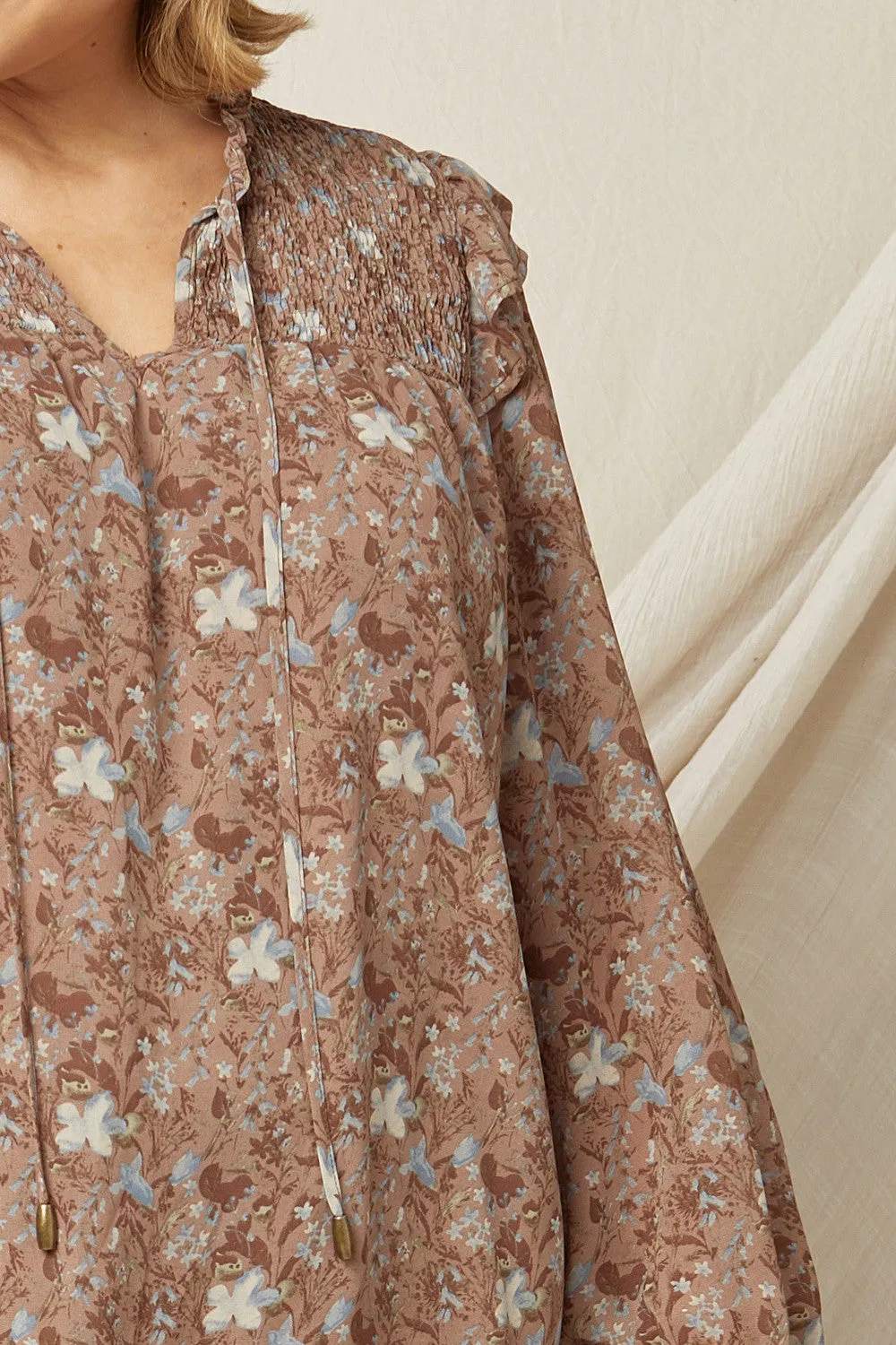 Ruffle & Floral Blouse, Mocha