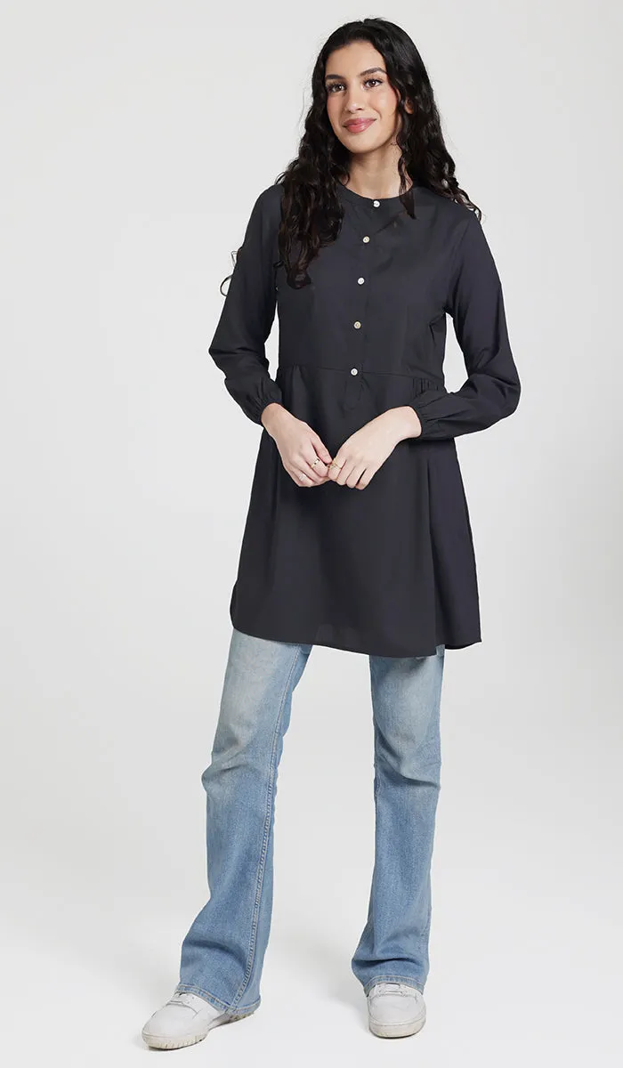 Sabra Cotton Feel Modest Button down Tunic - Black