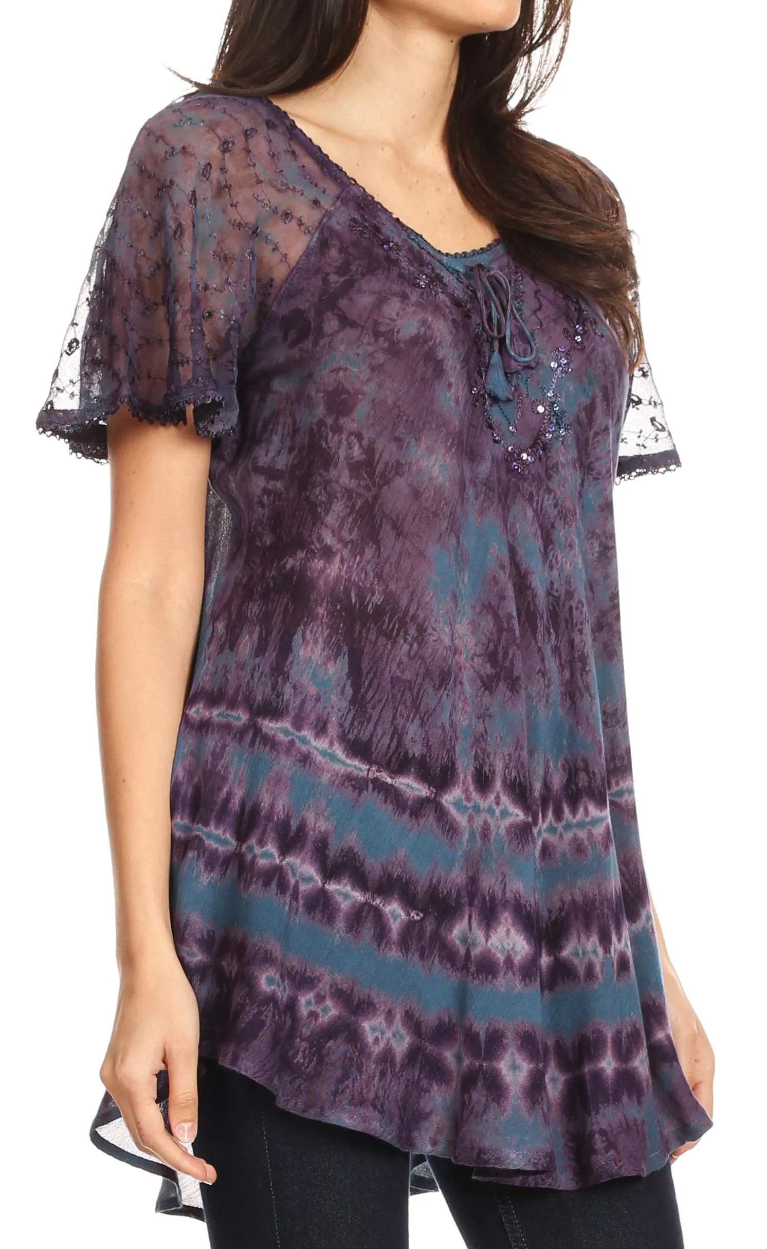 Sakkas Allegra Women's Short Sleeve Loose Fit Casual Tie Dye Blouse Tunic Shirt