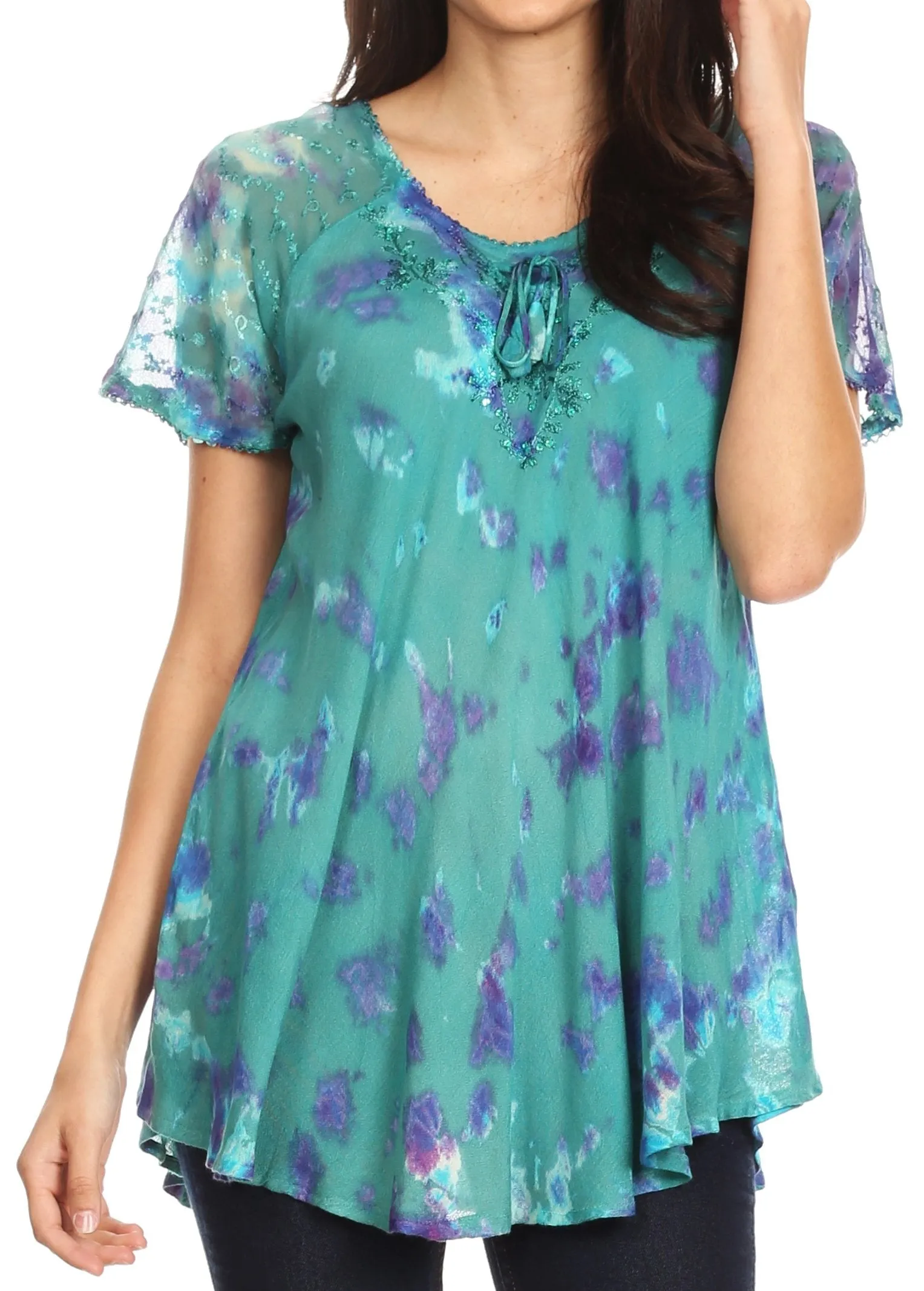 Sakkas Allegra Women's Short Sleeve Loose Fit Casual Tie Dye Blouse Tunic Shirt