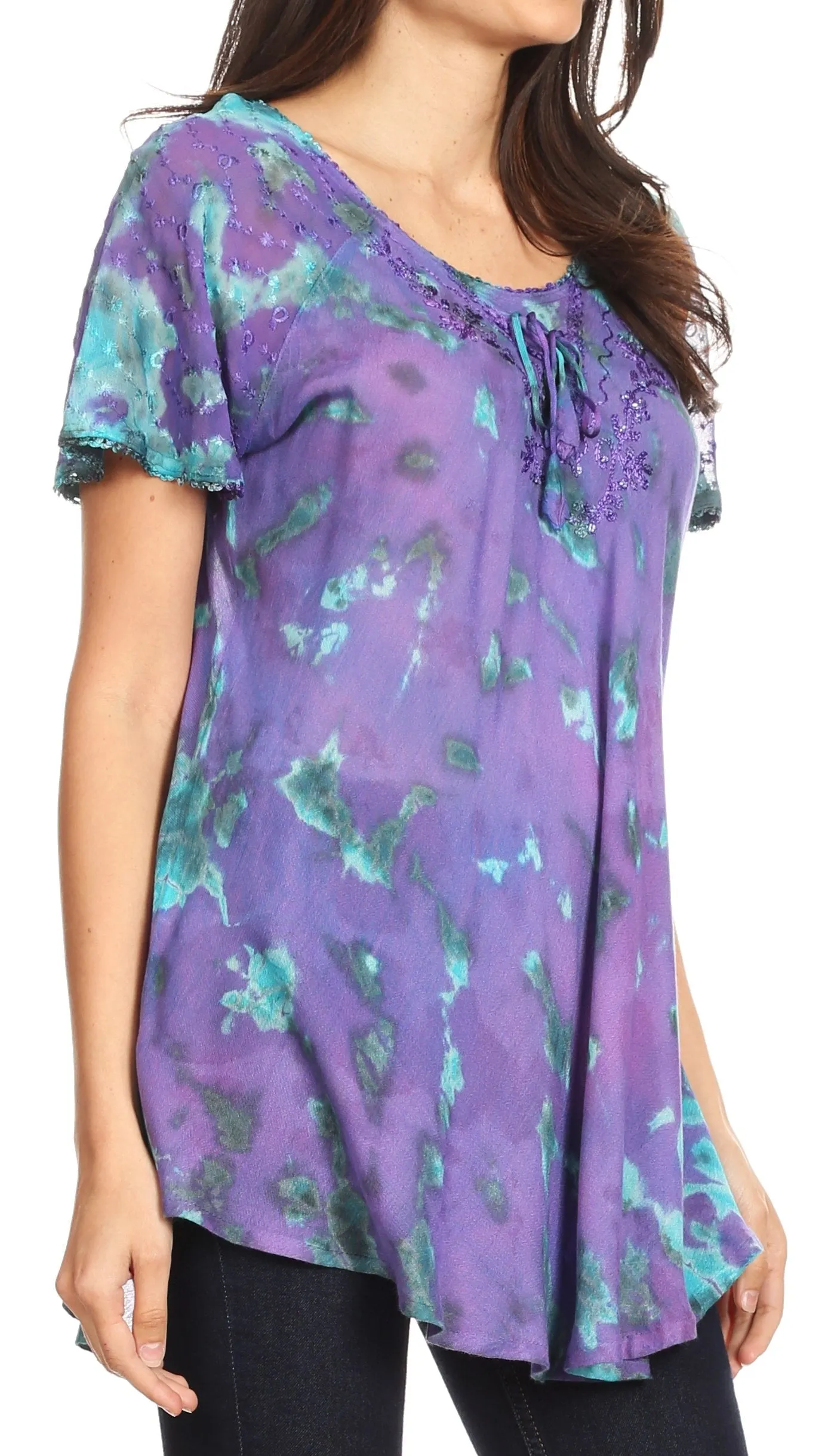 Sakkas Allegra Women's Short Sleeve Loose Fit Casual Tie Dye Blouse Tunic Shirt