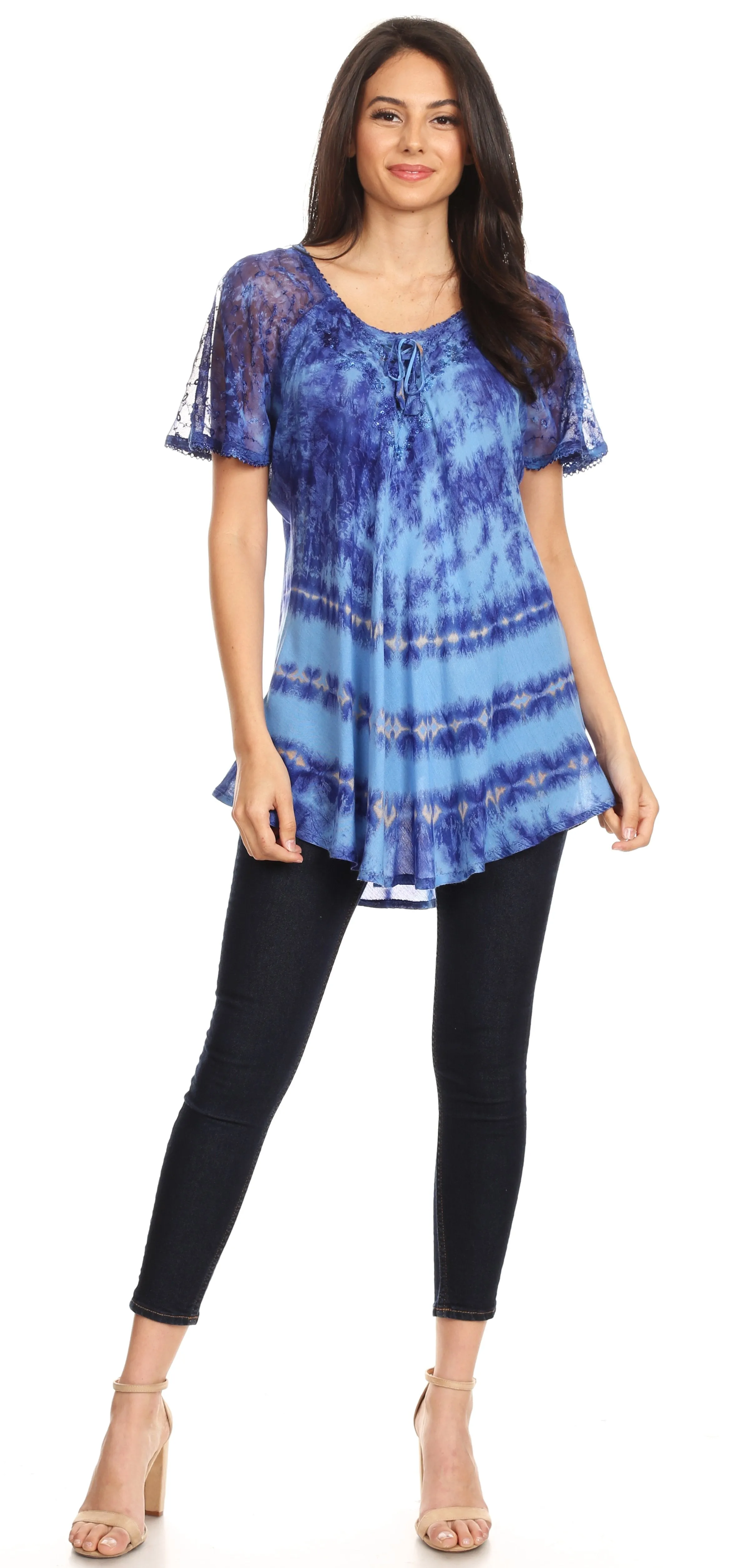 Sakkas Allegra Women's Short Sleeve Loose Fit Casual Tie Dye Blouse Tunic Shirt