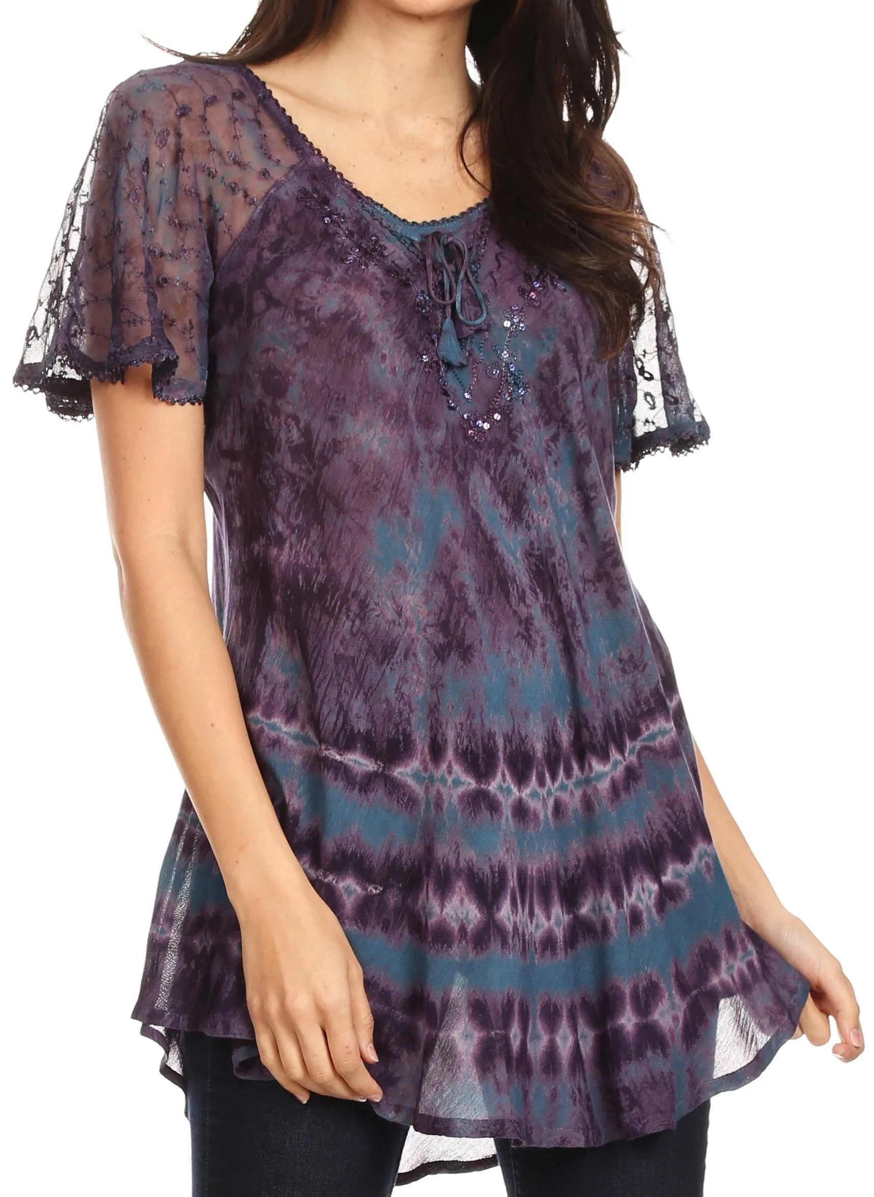 Sakkas Allegra Women's Short Sleeve Loose Fit Casual Tie Dye Blouse Tunic Shirt