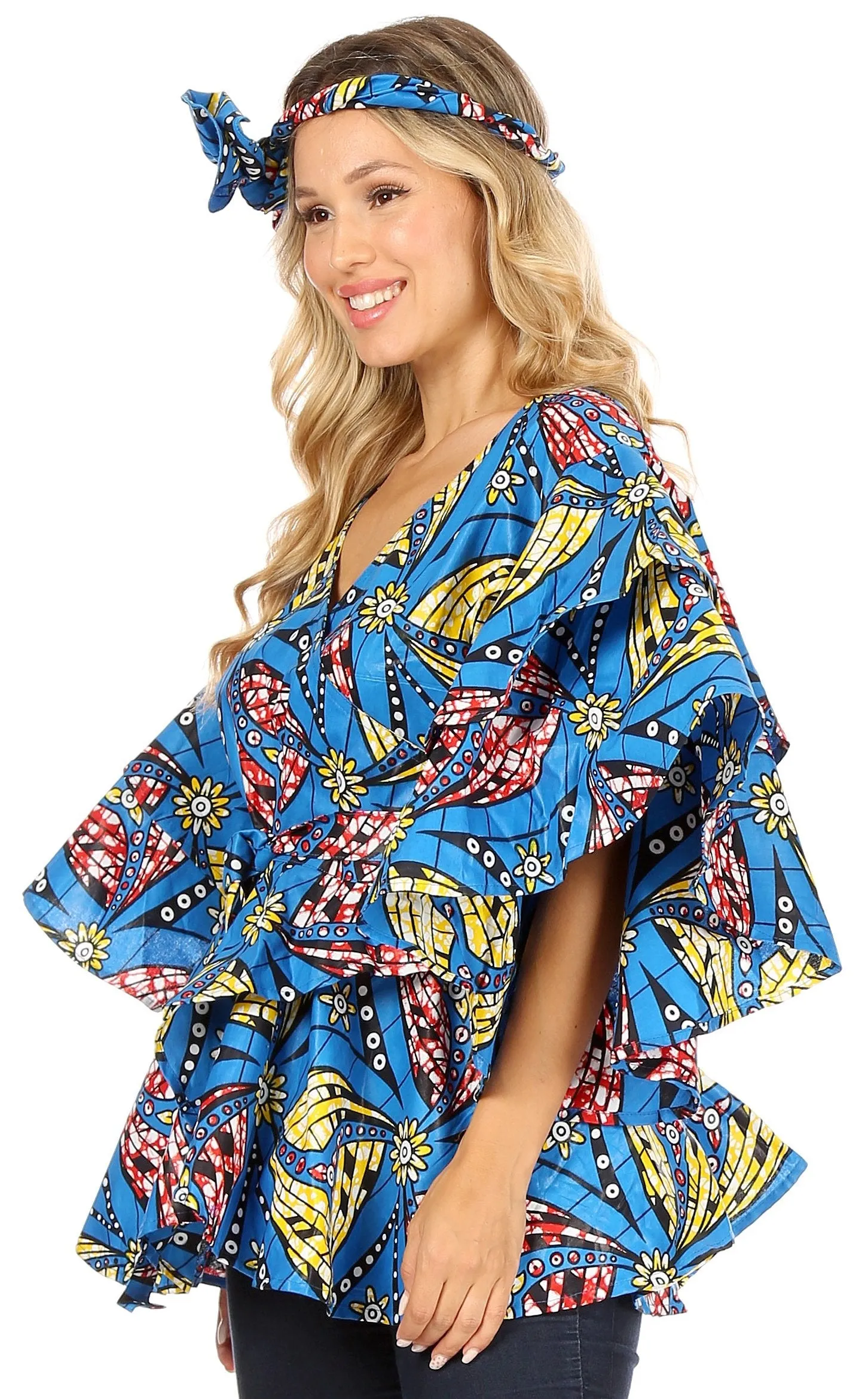 Sakkas Antonella Women's Ruffle Short Sleeve African Ankara V neck Wrap Top Blouse