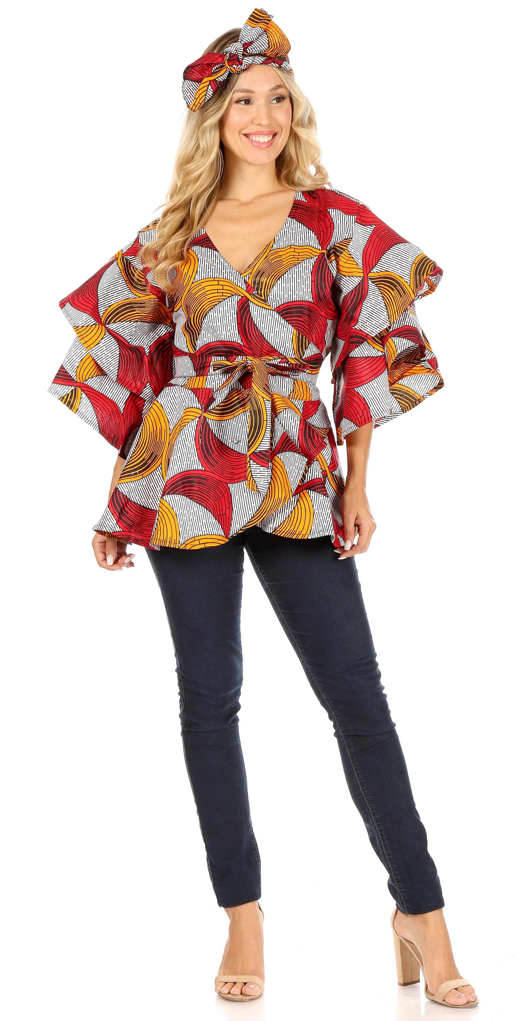 Sakkas Antonella Women's Ruffle Short Sleeve African Ankara V neck Wrap Top Blouse