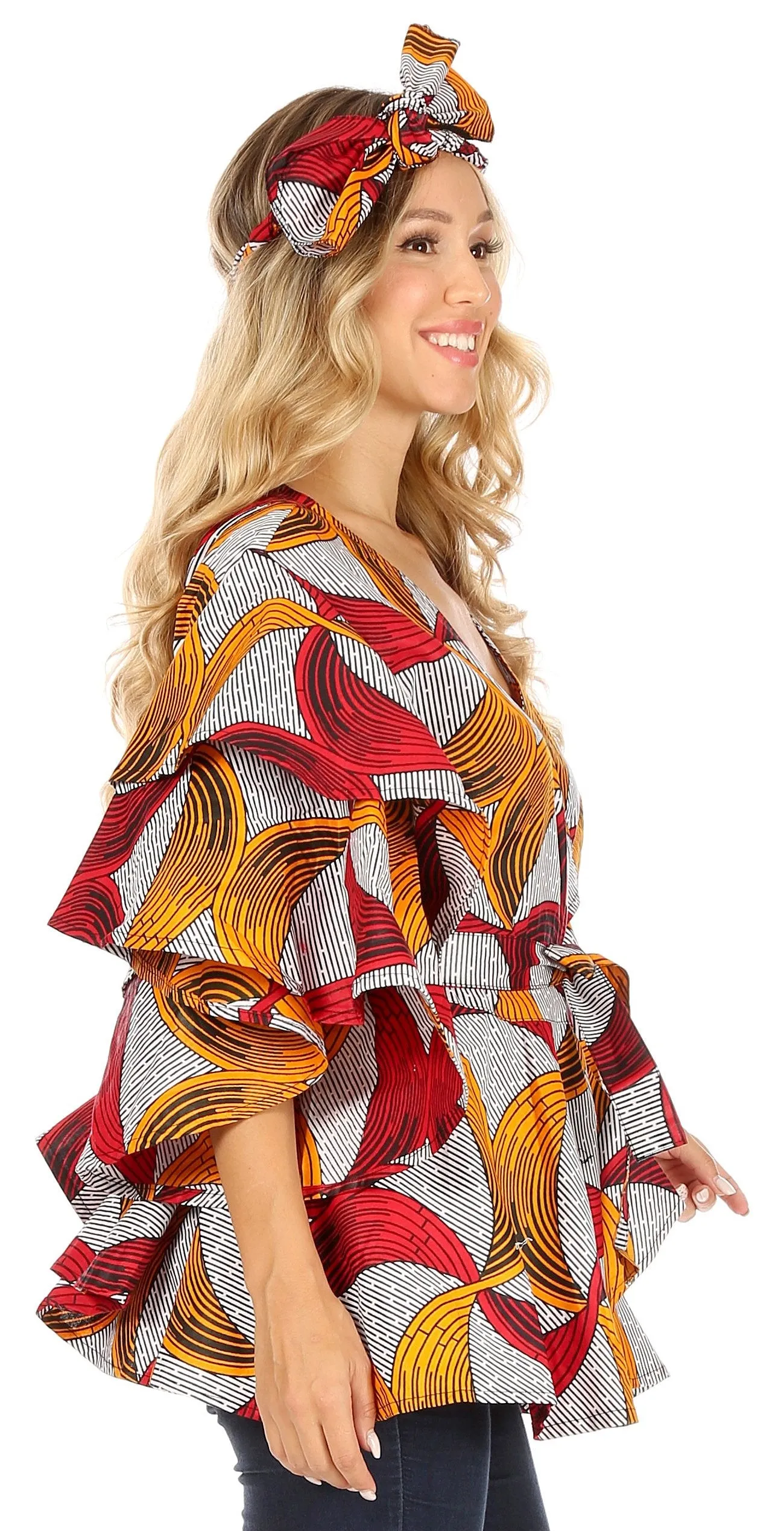 Sakkas Antonella Women's Ruffle Short Sleeve African Ankara V neck Wrap Top Blouse