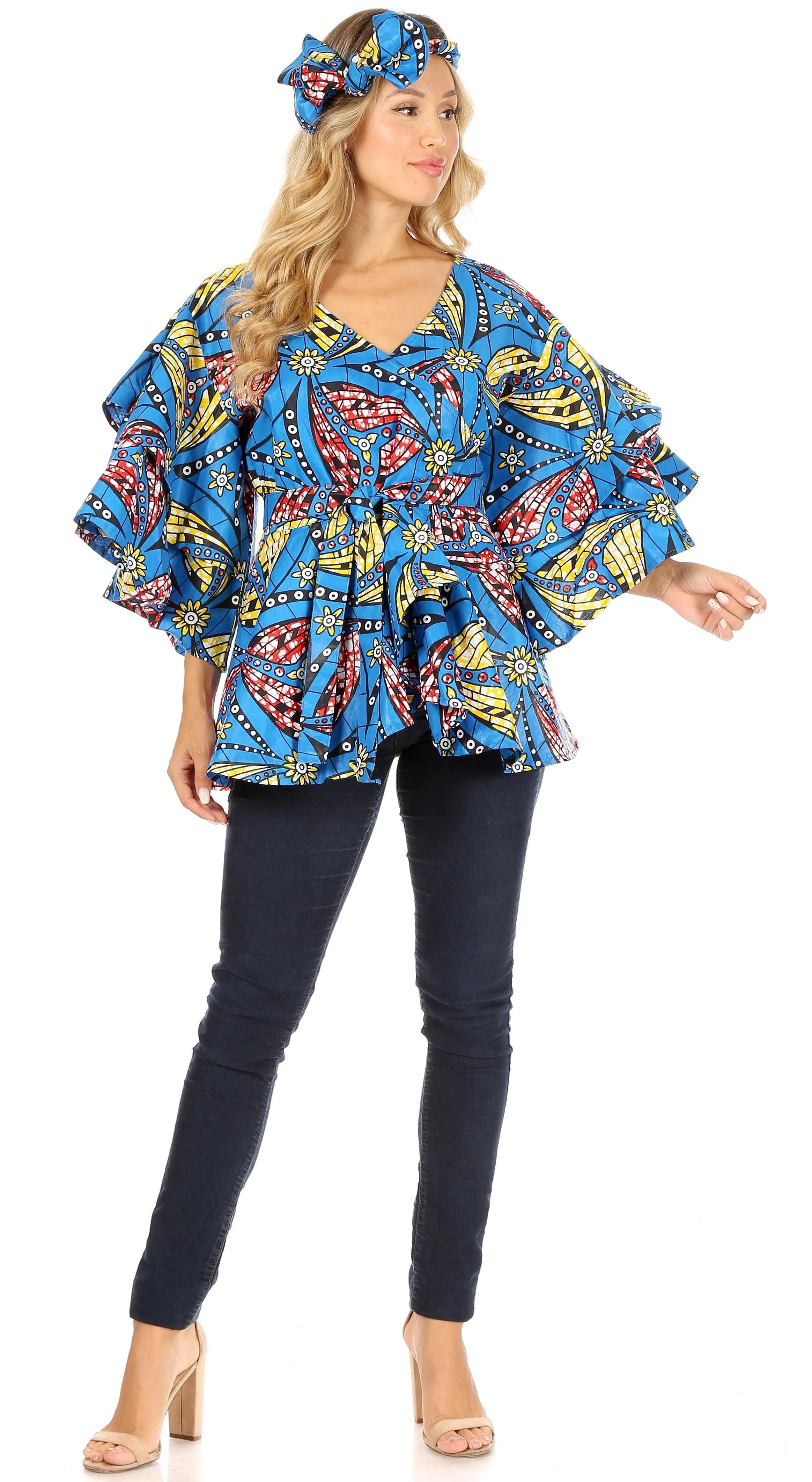 Sakkas Antonella Women's Ruffle Short Sleeve African Ankara V neck Wrap Top Blouse